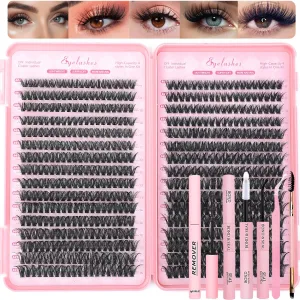 Lash Clusters Kit, 640 Pcs Eyelashes Clusters Extensions Kit 9-16mm Individual Lashes D Curl Flufffy Wispy False Eyelashes Thin Band, with Bond Seal Remover Tweezers Brush DIY (40D 50D Kit 9-16mm)