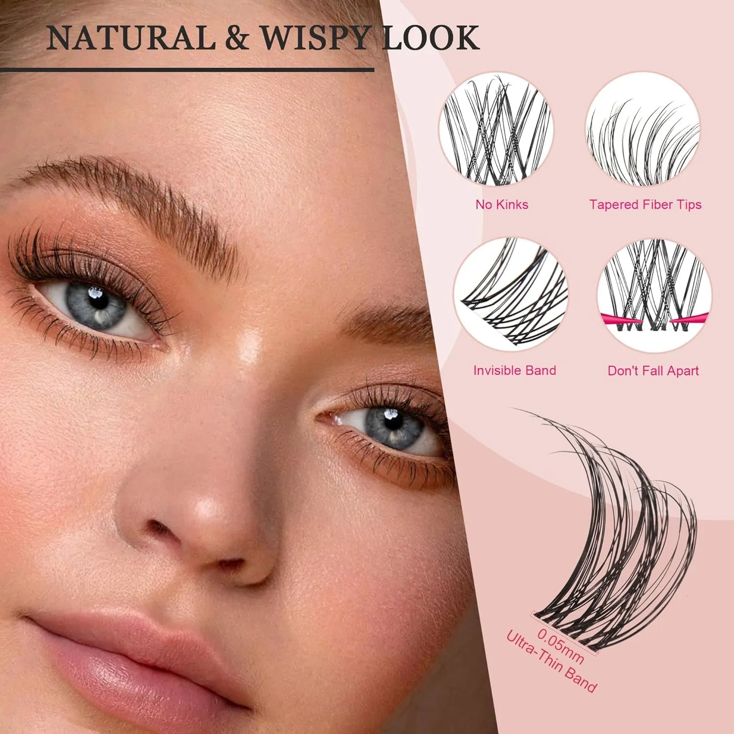 Lash Clusters Kit - Lash Clusters Clear Band Eyelash Clusters Natural Look Lash Extension Kit with Bond and Seal Invisible Band Lashes 0.07D WideSpan Cluster Eyelash Extension DIY at Home