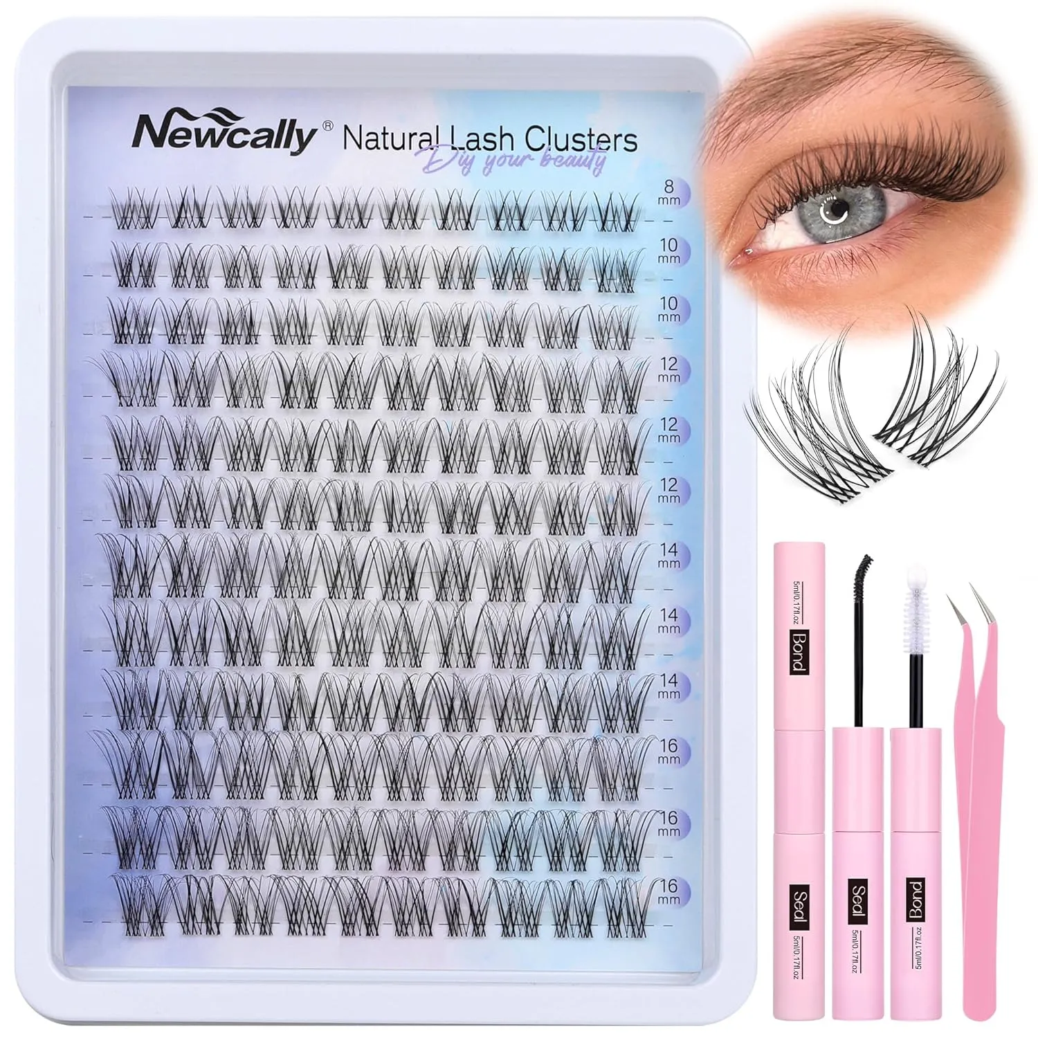 Lash Clusters Kit Natural Wispy DIY Eyelash Extension Kit 8-16MM Eyelash Clusters Kit D-curly Lash Extension Kit Thin Invisible Lash Band Individual Lashes Kit by Newcally