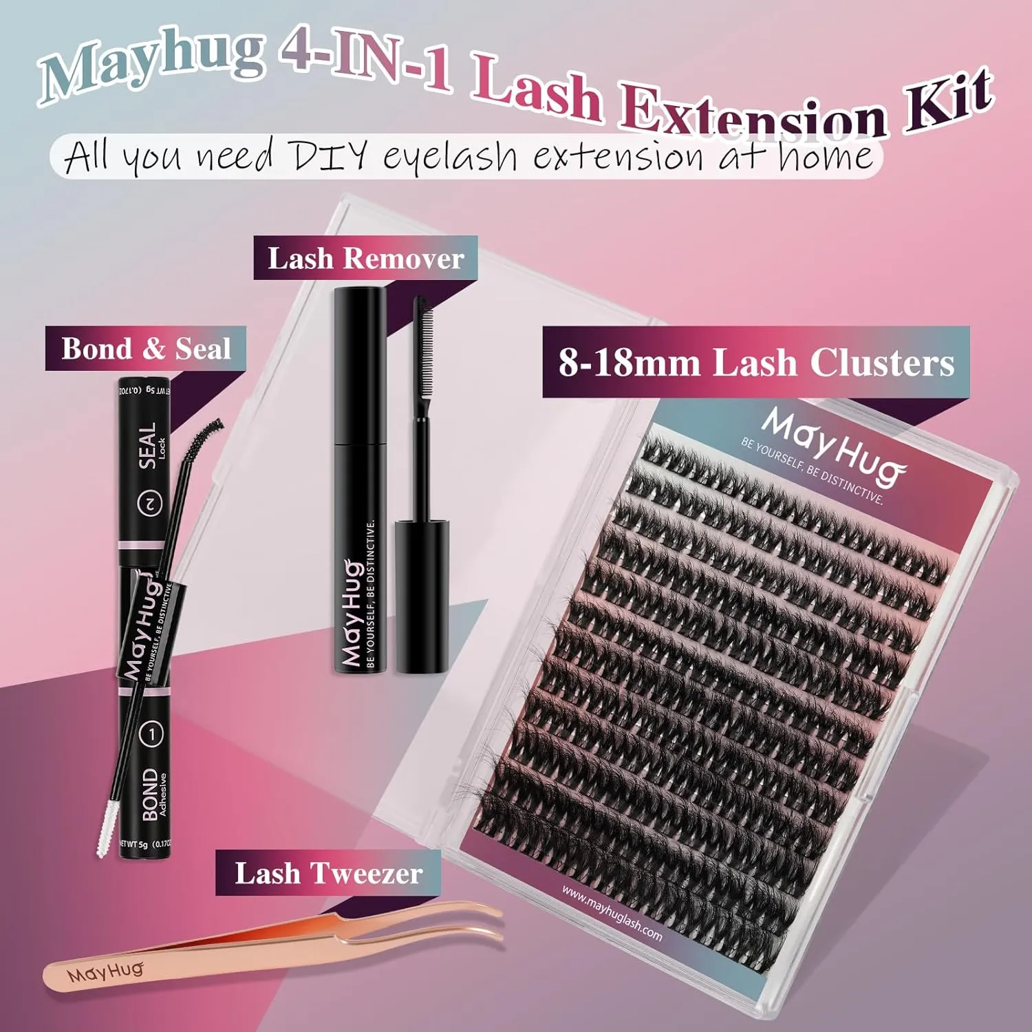 Lash Extension Kit 144 Pcs, 3D Lash Clusters 8-18/D Curl Wispy Lash Clusters with 10ml Bond and Seal Waterproof, 5ml Lash Remover, Lash Tweezers Eyelash Extensions Kit at Home (Prism Kit)