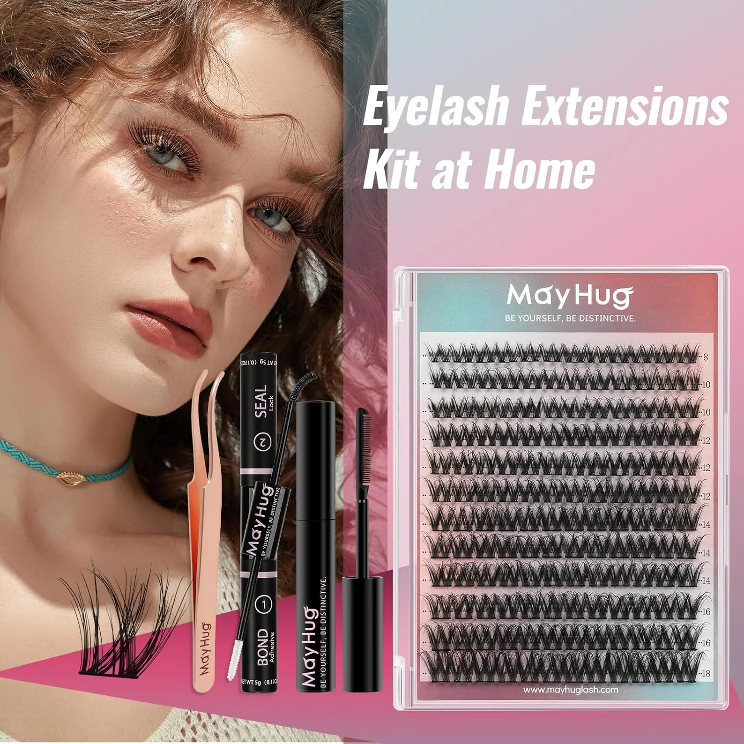 Lash Extension Kit 144pcs, 3D Lashes Clusters with 10ml Bond and Seal, 5ml Lash Remover, Lash Tweezers, Easy DIY Cluster Eyelash Extensions Kit at Home (Dreamy Kit)