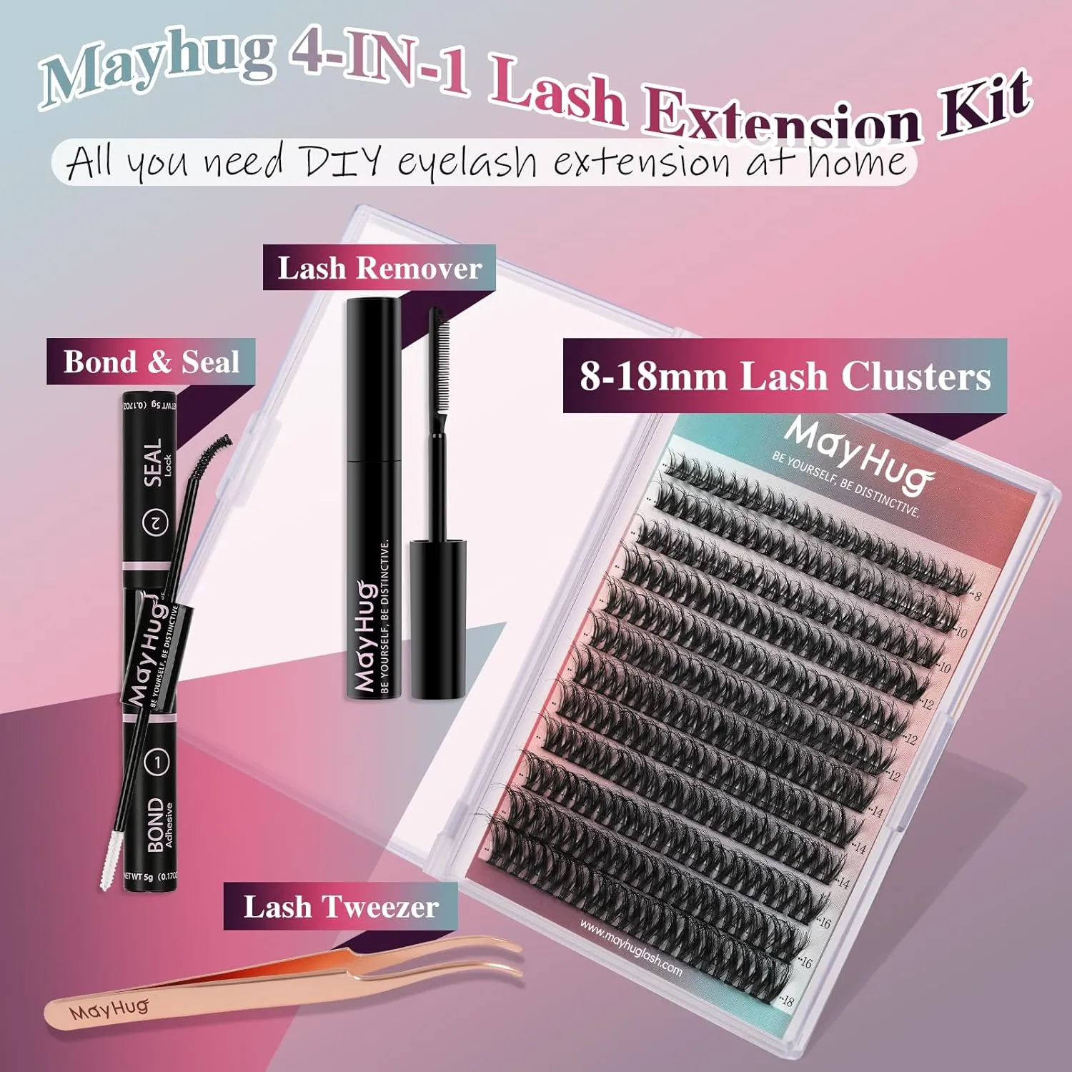 Lash Extension Kit 144pcs, 3D Lashes Clusters with 10ml Bond and Seal, 5ml Lash Remover, Lash Tweezers, Easy DIY Cluster Eyelash Extensions Kit at Home (Dreamy Kit)