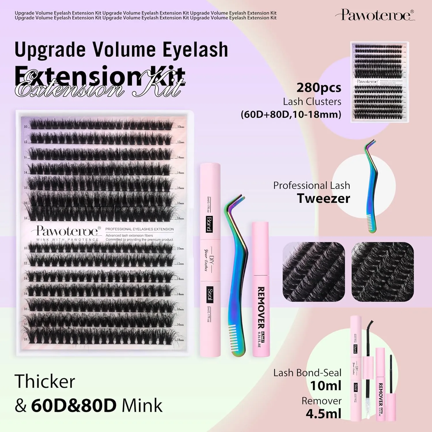 Lash Extension Kit DIY Full Thick Lash Clusters Eyelash Extension Kit 280pcs Individual Lashes Kit with Lash Bond and Seal, Lash Remover, Lash Tweezers for Self Use (Mink 60D&80D, 10-18mm, All Kit)