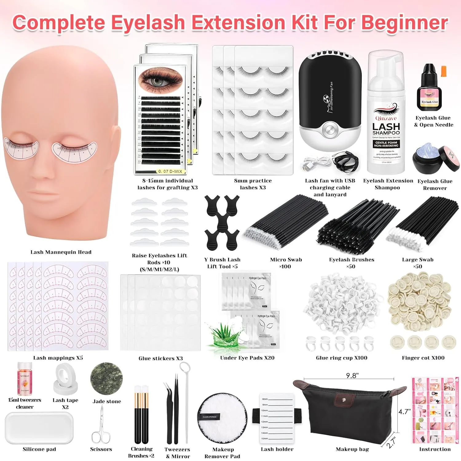 Lash Kit for Eyelash Extension Beginners Eyelash Extension Kit with Lash Mannequin Head, Eyelash Extension Practice Starter Kit with Everything USB Fan Lash Glue False Eyelash Lash Shampoo