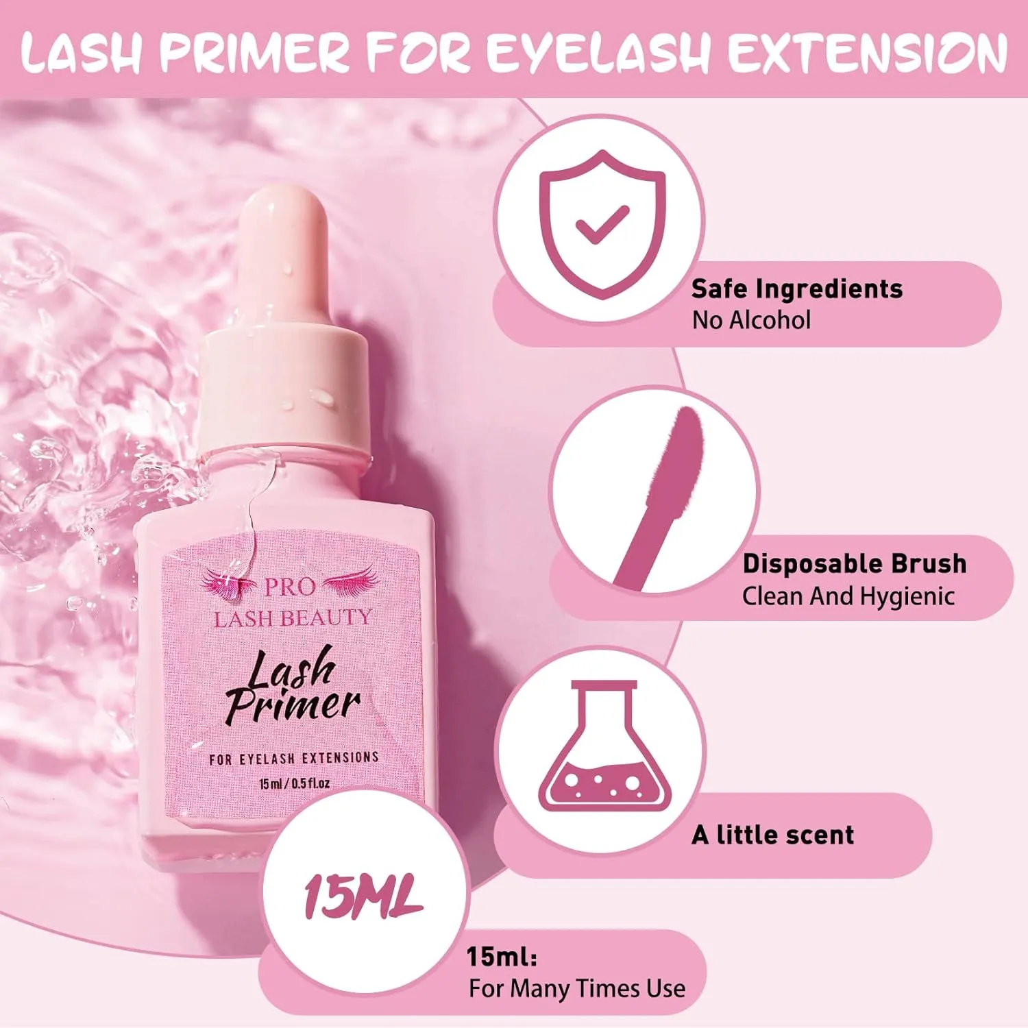 Lash Primer for Eyelash Extensions, 15ML Eyelash Primer, Lash Extension Primer Pre-Treatment Protein Clean Natural Lashes Increase Glue Bonding Retention Special Dropper (Clear, 15ml)