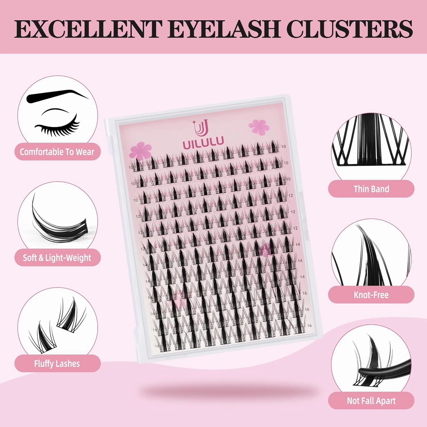 Lash Clusters Kit 10-16mm Natural Lashes Clusters D Curl False Eyelash Clusters, DIY Lash Extension Kit with Lash Bond & Seal, Lash Glue Remover, Lash Tweezers(U07 Lash Kit)