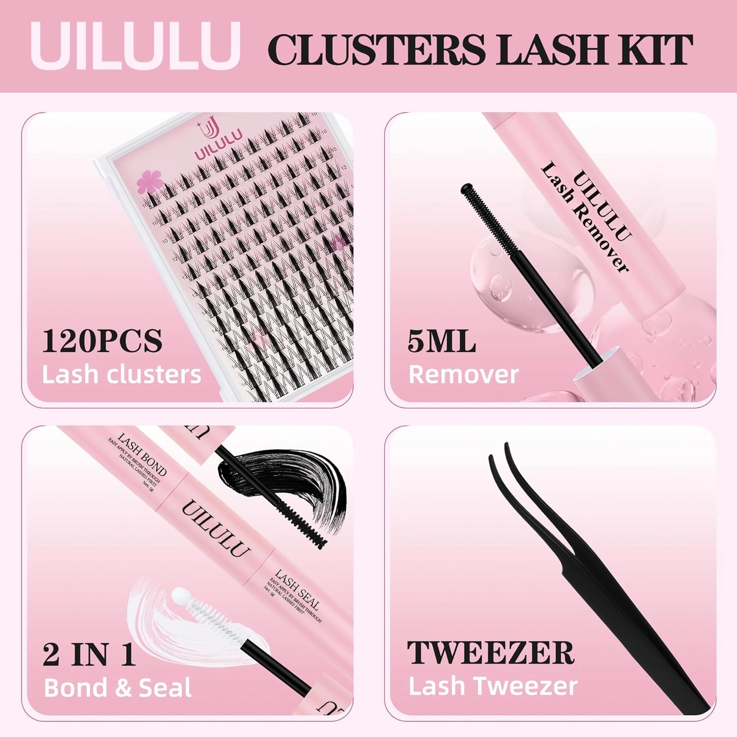 Lash Clusters Kit 10-16mm Natural Lashes Clusters D Curl False Eyelash Clusters, DIY Lash Extension Kit with Lash Bond & Seal, Lash Glue Remover, Lash Tweezers(U07 Lash Kit)