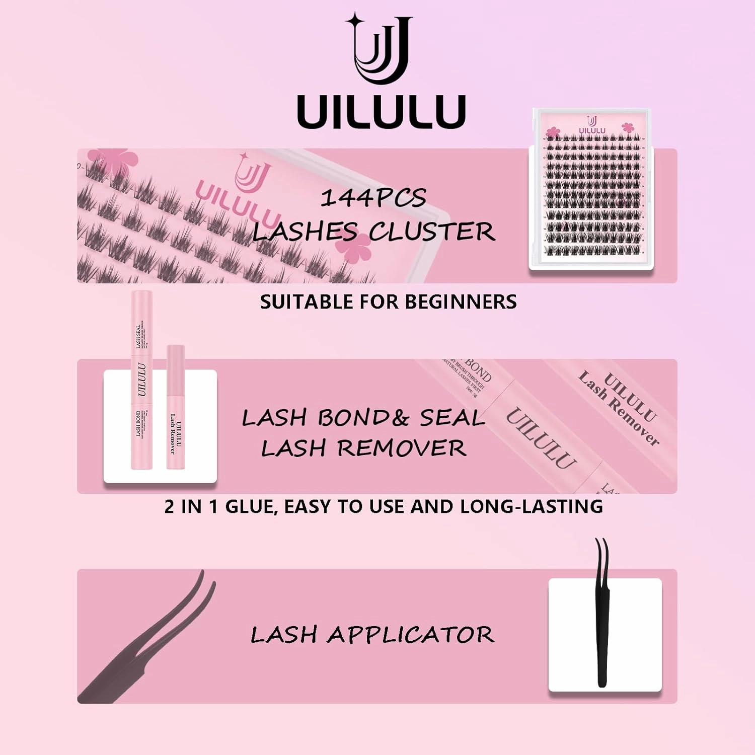Lash Clusters Kit 10-18mm DIY Eyelash Extensions Kits 144 D Curl - 0.07D Individual Wispy Eyelashes Natural False Lashes Bond and Seal Remover Tweezers for Eye Lash Set at Home