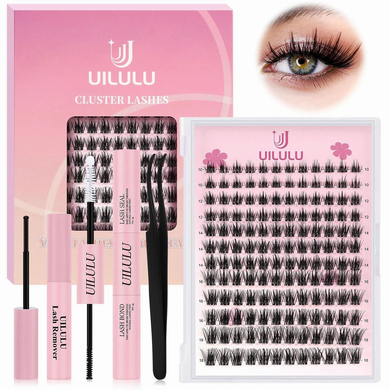 Lash Clusters Kit 10-18mm DIY Eyelash Extensions Kits 144 D Curl - 0.07D Individual Wispy Eyelashes Natural False Lashes Bond and Seal Remover Tweezers for Eye Lash Set at Home
