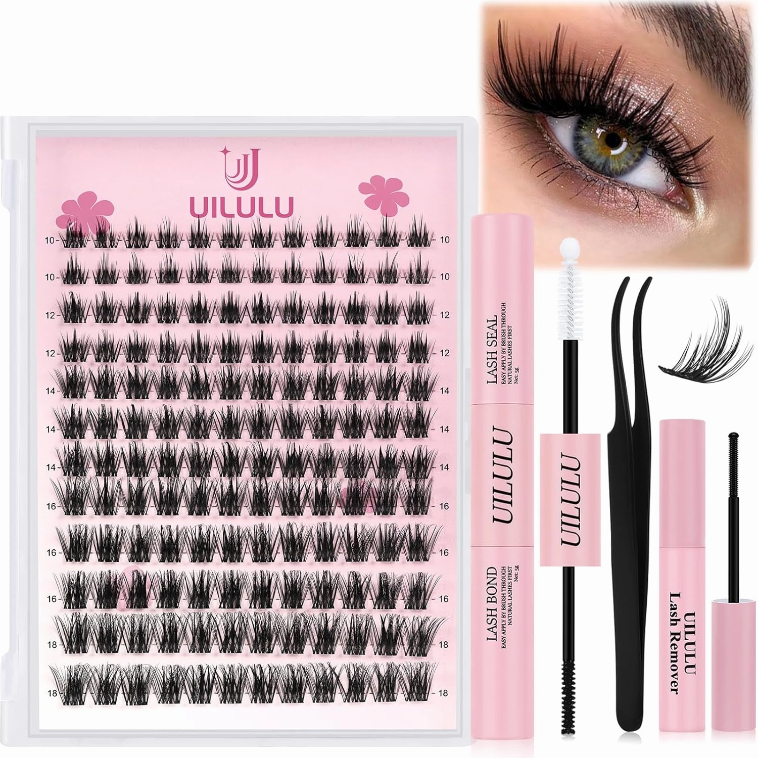 Lash Clusters Kit 10-18mm DIY Eyelash Extensions Kits 144 D Curl - 0.07D Individual Wispy Eyelashes Natural False Lashes Bond and Seal Remover Tweezers for Eye Lash Set at Home