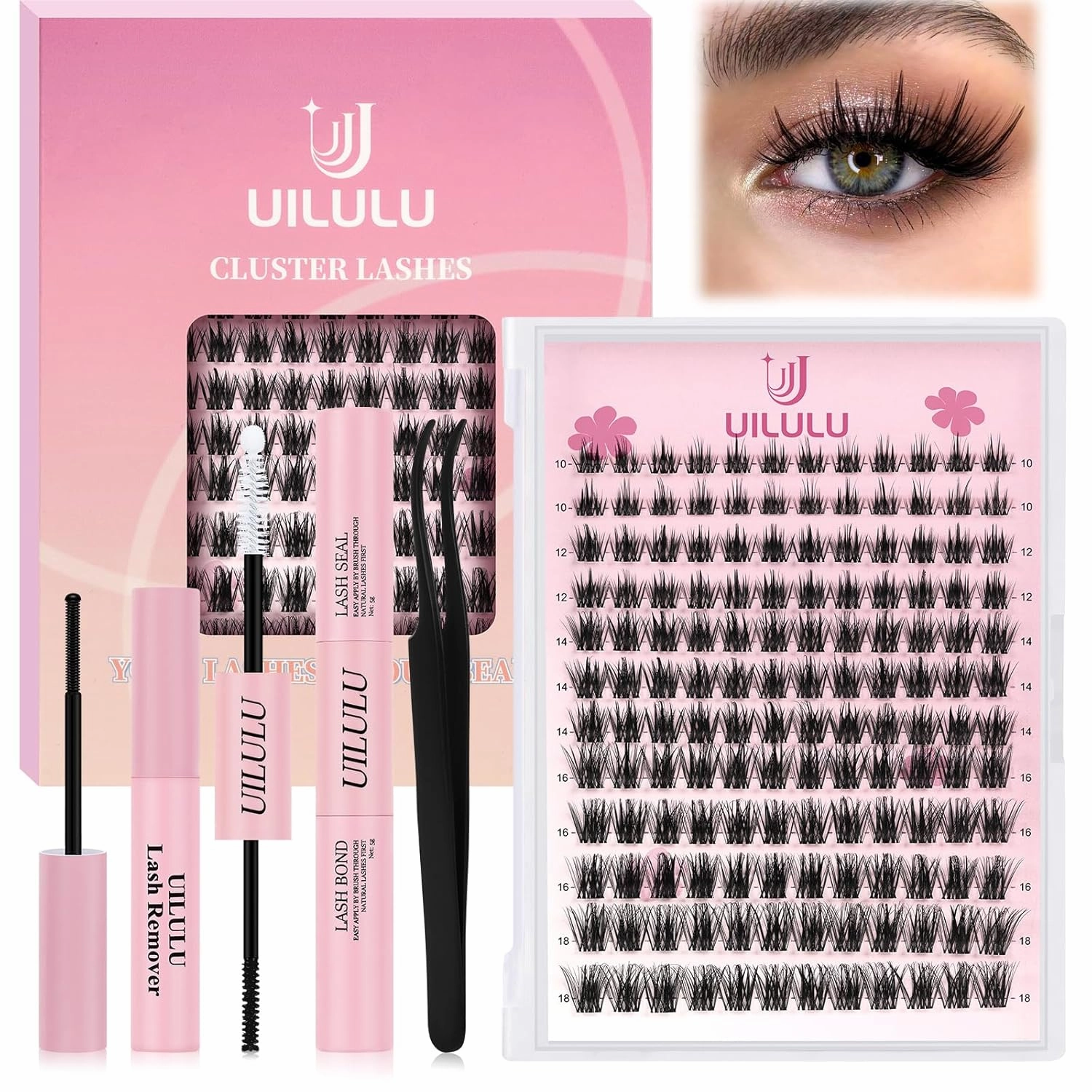 Lash Clusters Kit 10-18mm DIY Eyelash Extensions Kits 144 D Curl - 0.07D Individual Wispy Eyelashes Natural False Lashes Bond and Seal Remover Tweezers for Eye Lash Set at Home