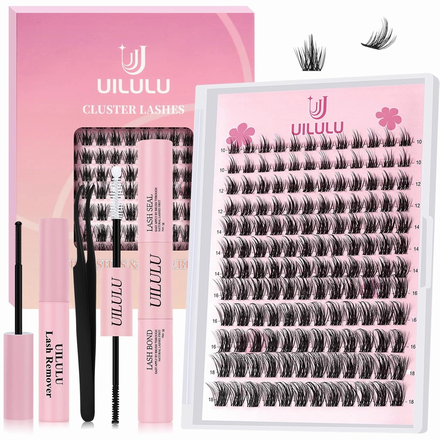 Lash Clusters Kit 10-18mm DIY Eyelash Extensions Kits 144 D Curl - 0.07D Individual Wispy Eyelashes Natural False Lashes Bond and Seal Remover Tweezers for Eye Lash Set at Home