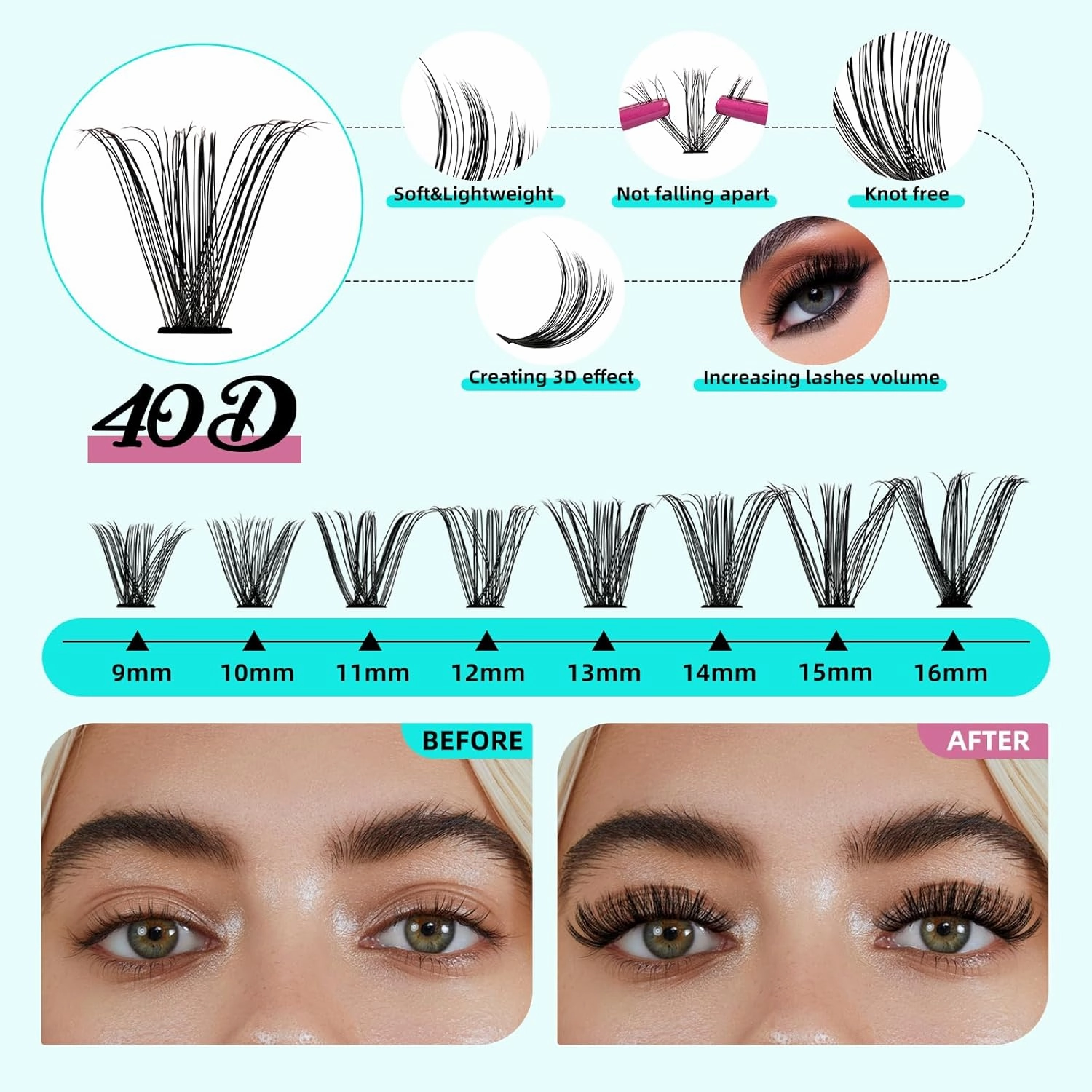 Lash Clusters Kit 240Pcs,Diy Eyelash Extension Kit 40D D Curl,Individual Lashes Cluster with Lash Bond & Seal Lash Tweezer and Lash Glue Remover,Eyelashes Extensions Kit For Beginners (D-MIX 9-16mm)