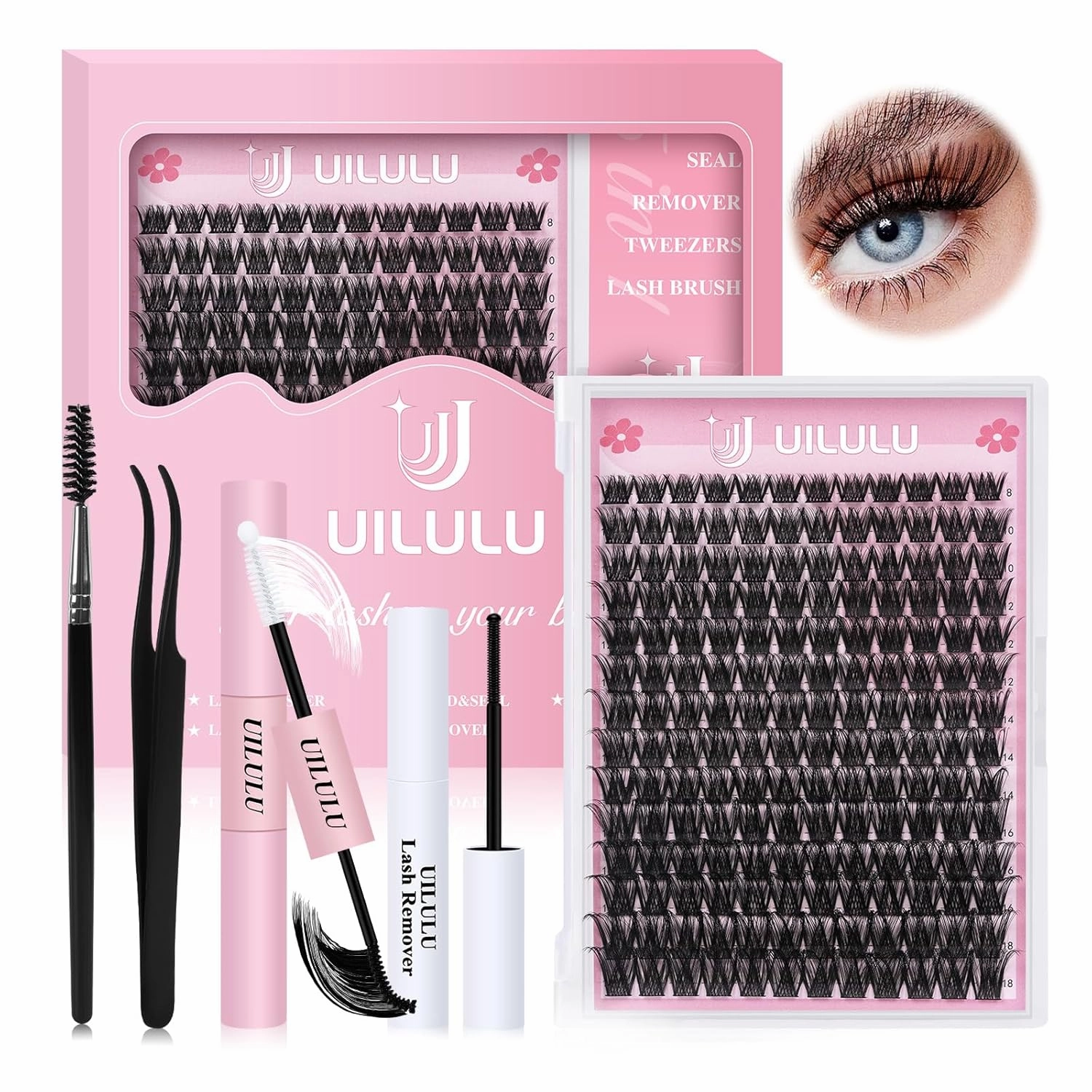 Lash Clusters Kit 8-18mm DIY Eyelash Extensions Kits 168 D Curl - 0.07D Individual Wispy Eyelashes Natural False Lashes Bond and Seal Remover Tweezers for Eye Lash Set at Home