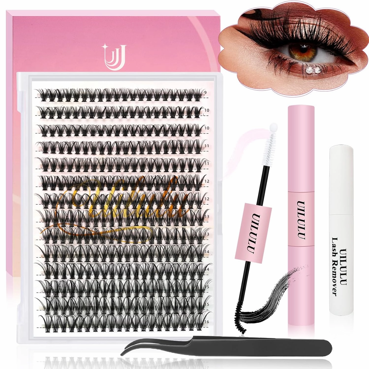 Lash Clusters Kit 9-16mm DIY Eyelash Extensions Kits 280 30D D Curl - 0.07D Individual Wispy Eyelashes Natural False Lashes Bond and Seal Remover Tweezers for Eye Lash Set at Home