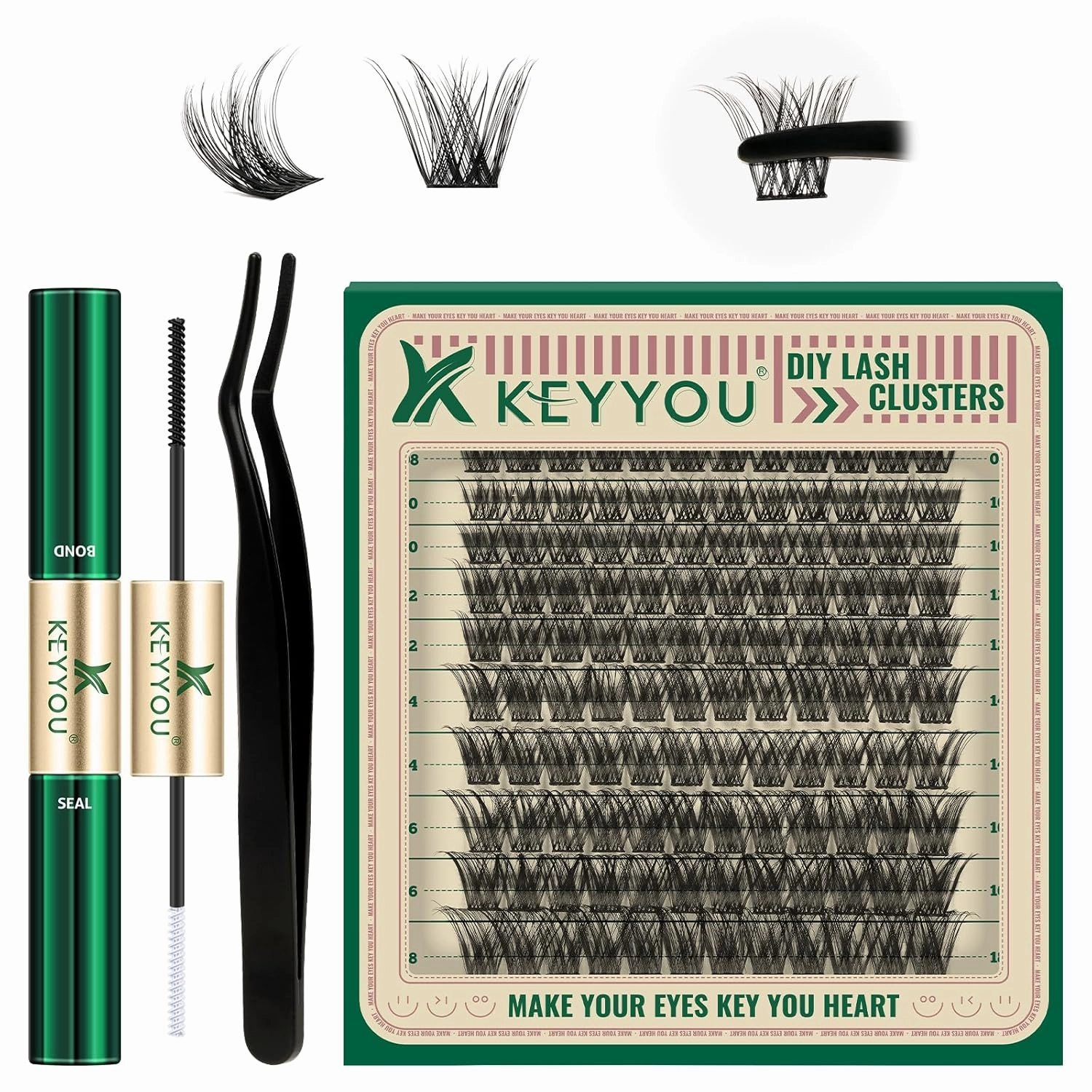 Lash Extension Kit 120pcs Lash Clusters Lash Bond and Seal Eyelash Extension Kit KEYYOU D Curl 8-18MIX Soft Natural Lashes with Lash Applicator for DIY at Home(Kit-DV02-8-18MIX)