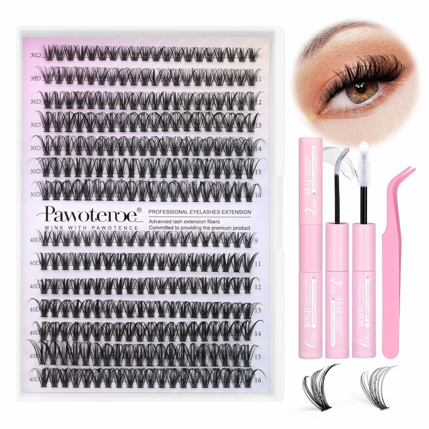 Lash Extension Kit DIY 280Pcs Lash Clusters Eyelash Extension Kit, 9-16Mm 30D 40D Individual Lashes Kit with Lash Bond and Seal, Lash Tweezers for Self Use (30D&40D, 0.07D, 9-16Mm, Kit)