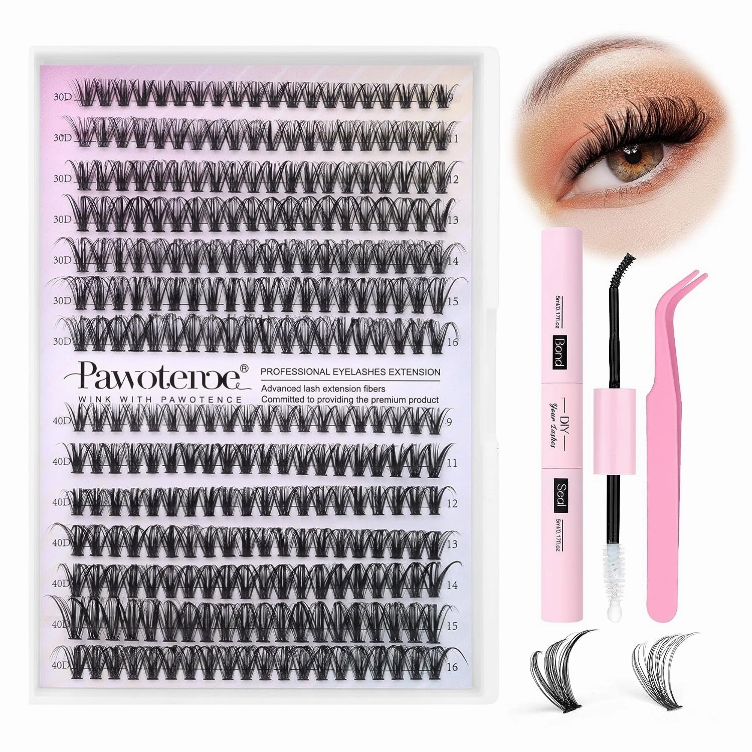 Lash Extension Kit DIY 280Pcs Lash Clusters Eyelash Extension Kit, 9-16Mm 30D 40D Individual Lashes Kit with Lash Bond and Seal, Lash Tweezers for Self Use (30D&40D, 0.07D, 9-16Mm, Kit)