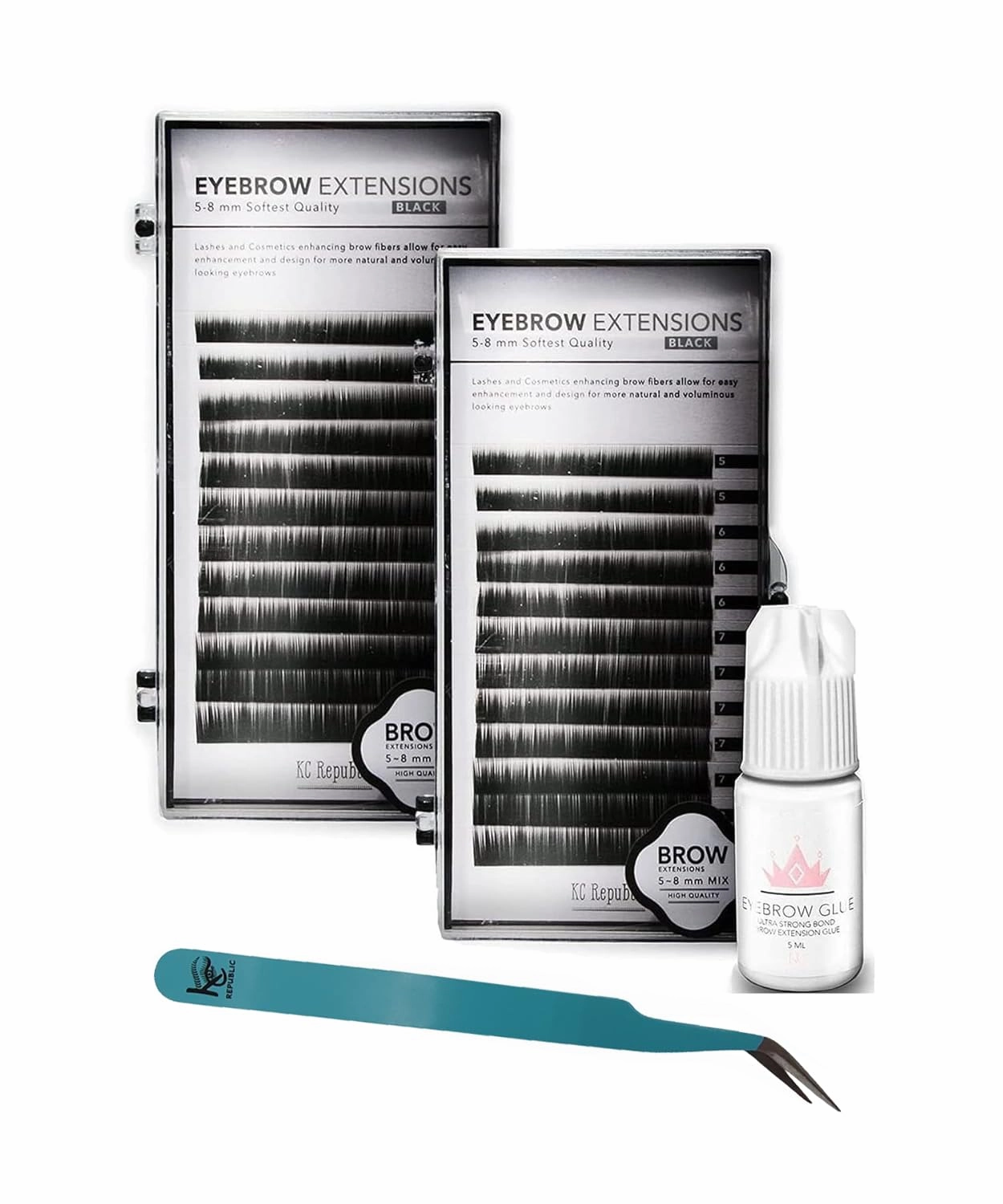 Lash Eyebrow Extensions Kit 2 Trays of Mink False Eyebrows in Black, Eyebrow Extension Glue Clear & Extension Tweezers, Comes on Mixed Length Trays 5-8 Mm Mix (2-Black, Turquoise Tweezer)