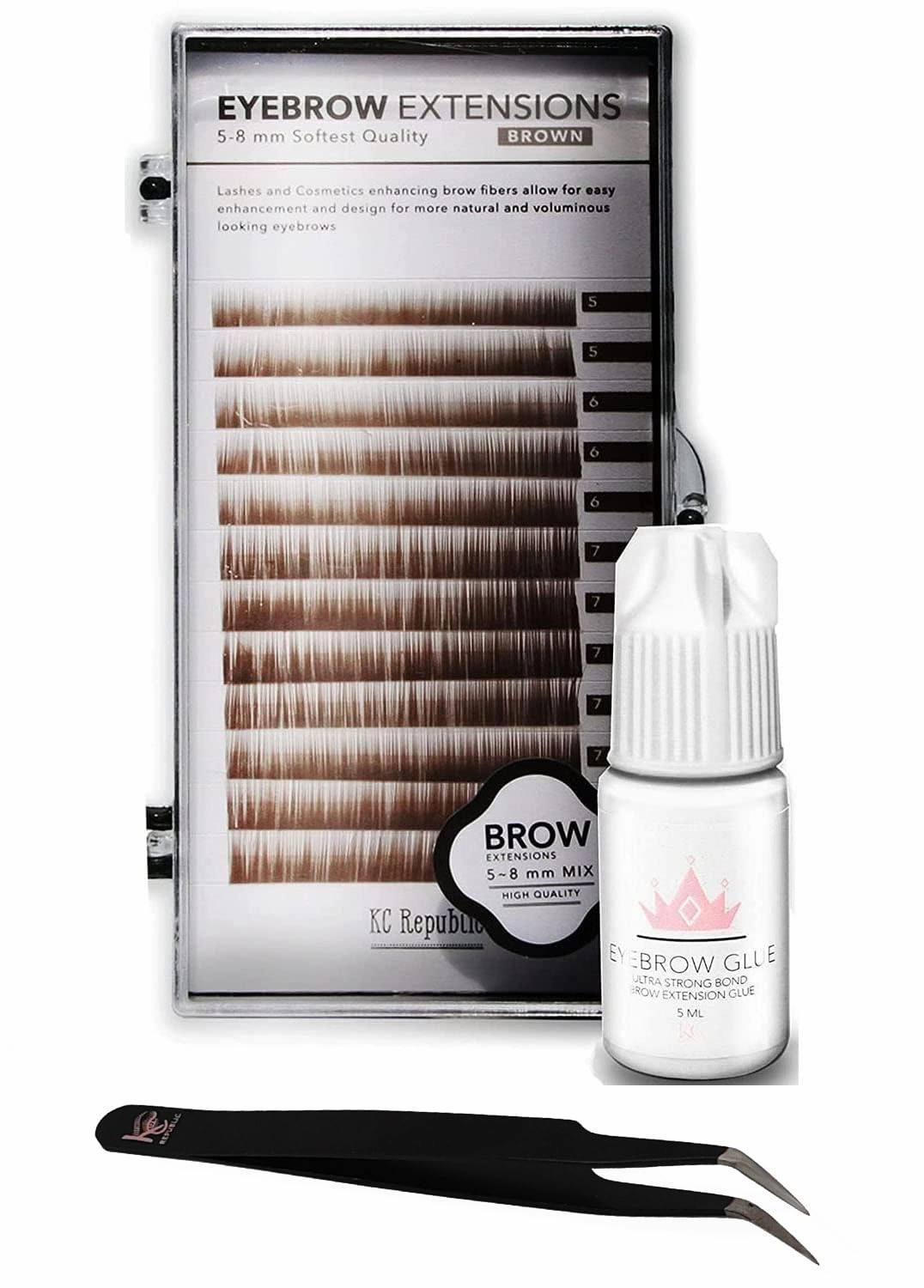 Lash Eyebrow Extensions Kit with 1 x Trays of Mink False Eyebrows in Brown Comes on Mixed Length Trays 5-8 Mm Mix, Eyebrow Glue Clear & Extension Tweezers (Brown, Black Tweezer)