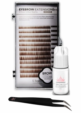 Lash Eyebrow Extensions Kit with 1 x Trays of Mink False Eyebrows in Brown Comes on Mixed Length Trays 5-8 Mm Mix, Eyebrow Glue Clear & Extension Tweezers (Brown, Black Tweezer)