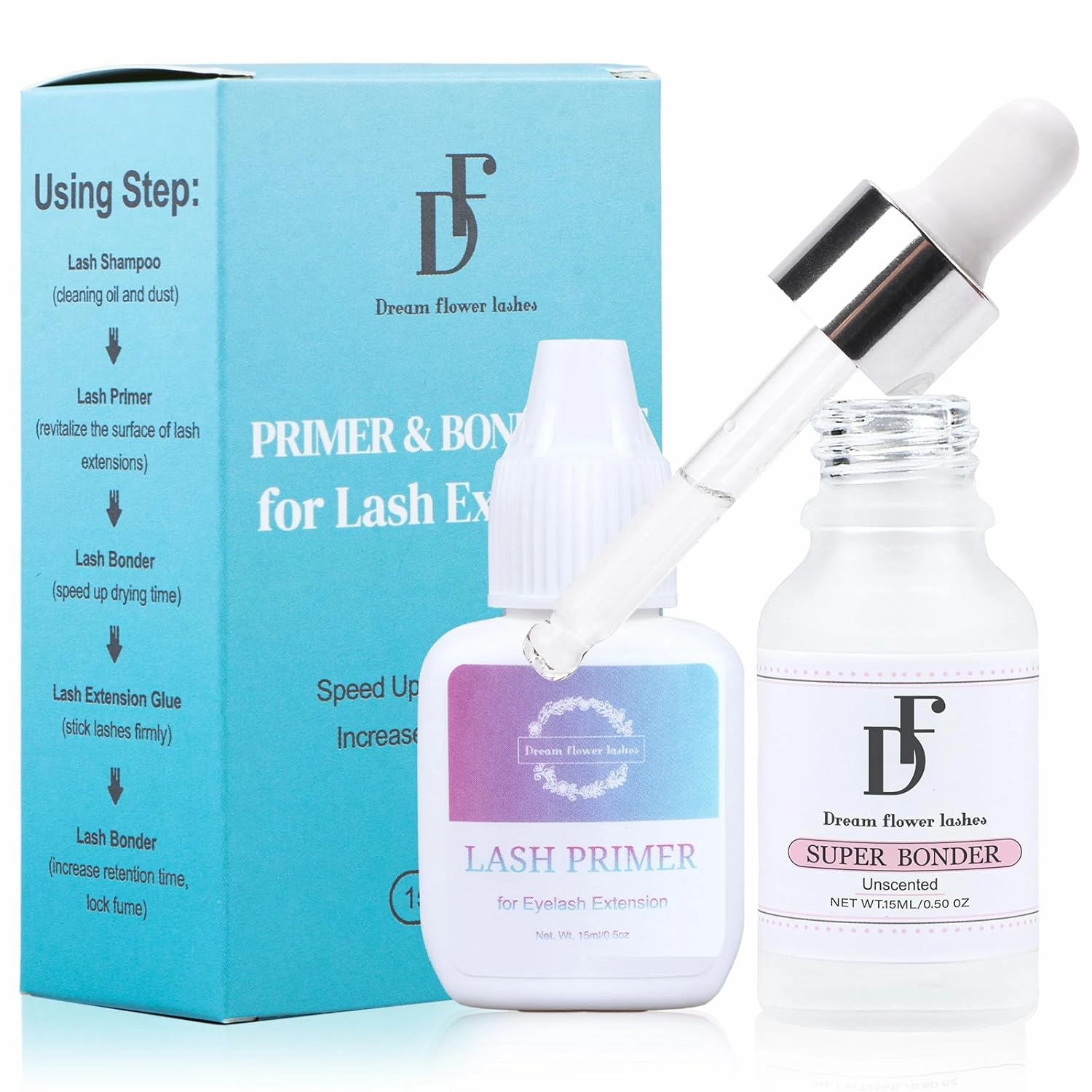 Lash Primer and Bonder Kit for Eyelash Extensions 15 15ml Super Bonder Glue Accelerator Increase Adhesive Bonding Power Eyelash Primer Pretreatment for Semi Permanent Lash Extensions-Blue