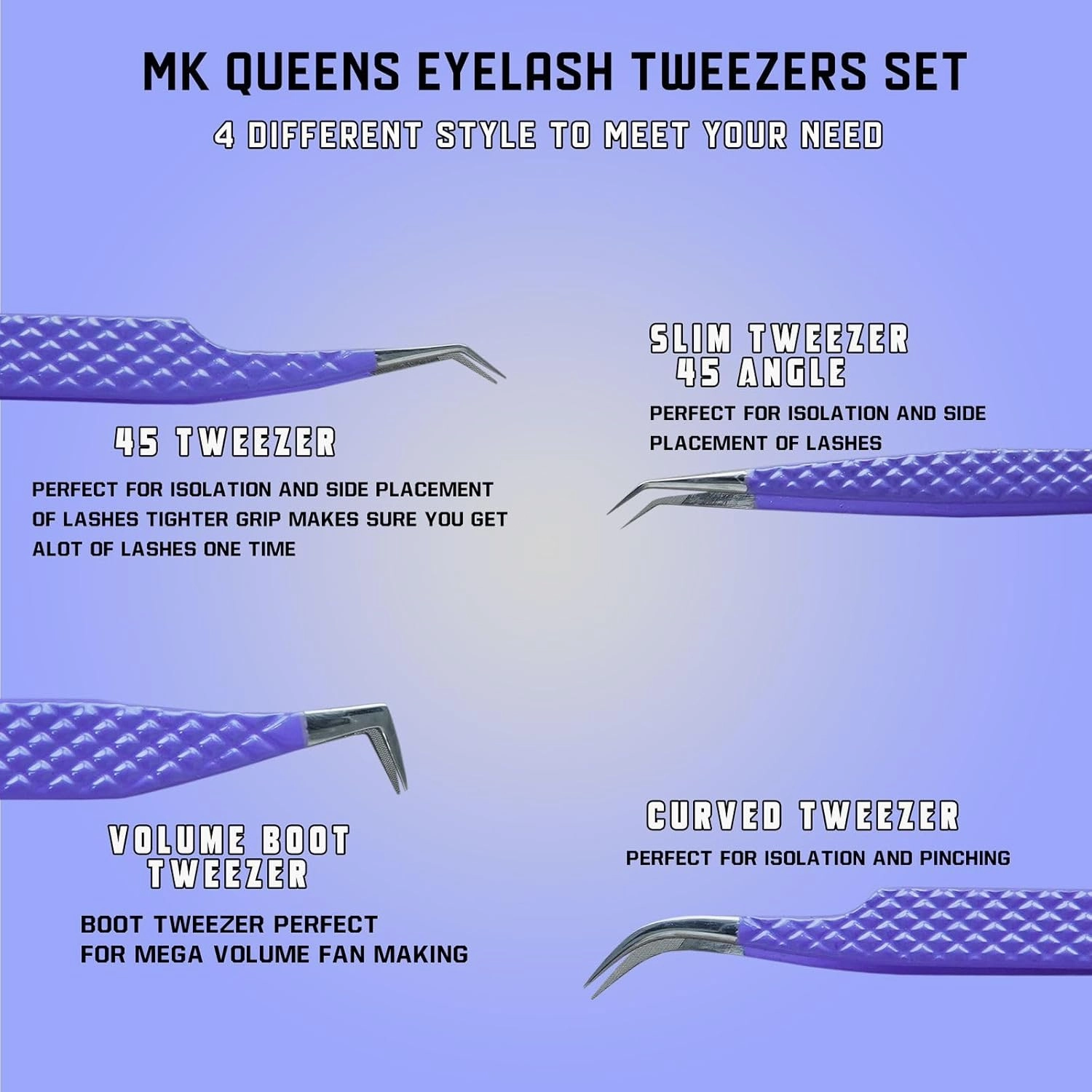 Lash Tweezers - Stainless Steel Fiber Tip Eyelash Tweezers (Set of 4) - Diamond Grip Professional Lash Tweezers for Eyelash Extensions (Purple)