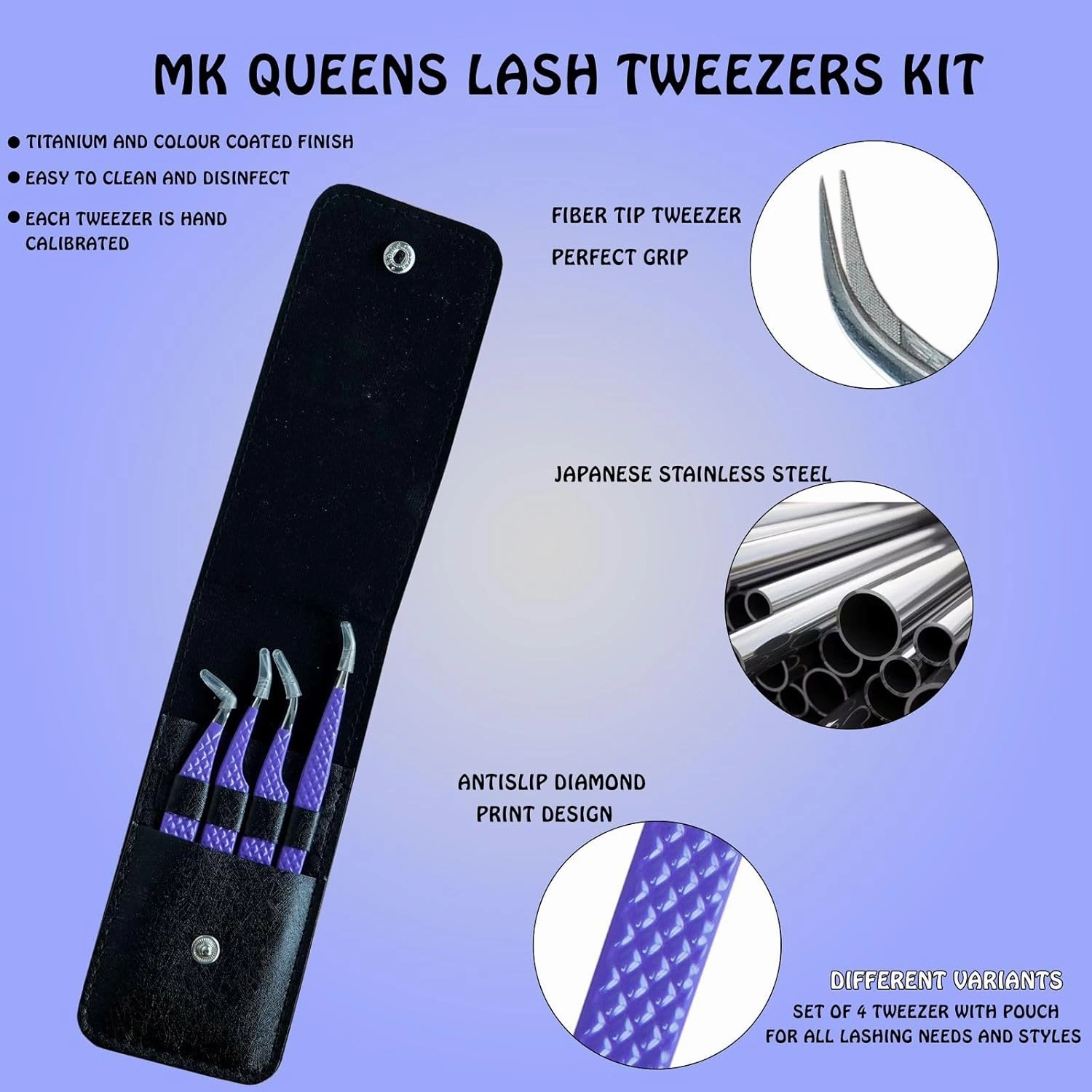 Lash Tweezers - Stainless Steel Fiber Tip Eyelash Tweezers (Set of 4) - Diamond Grip Professional Lash Tweezers for Eyelash Extensions (Purple)