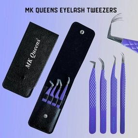 Lash Tweezers - Stainless Steel Fiber Tip Eyelash Tweezers (Set of 4) - Diamond Grip Professional Lash Tweezers for Eyelash Extensions (Purple)