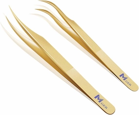 Lash Tweezers for Eyelash Extension, Hand Calibrated Dolphin-shaped and Curved Tip Eyelash Tweezers eyelash tweezers, False Lash Application Tools, Lash extension tweezers gold (Pack of 2, Gold)