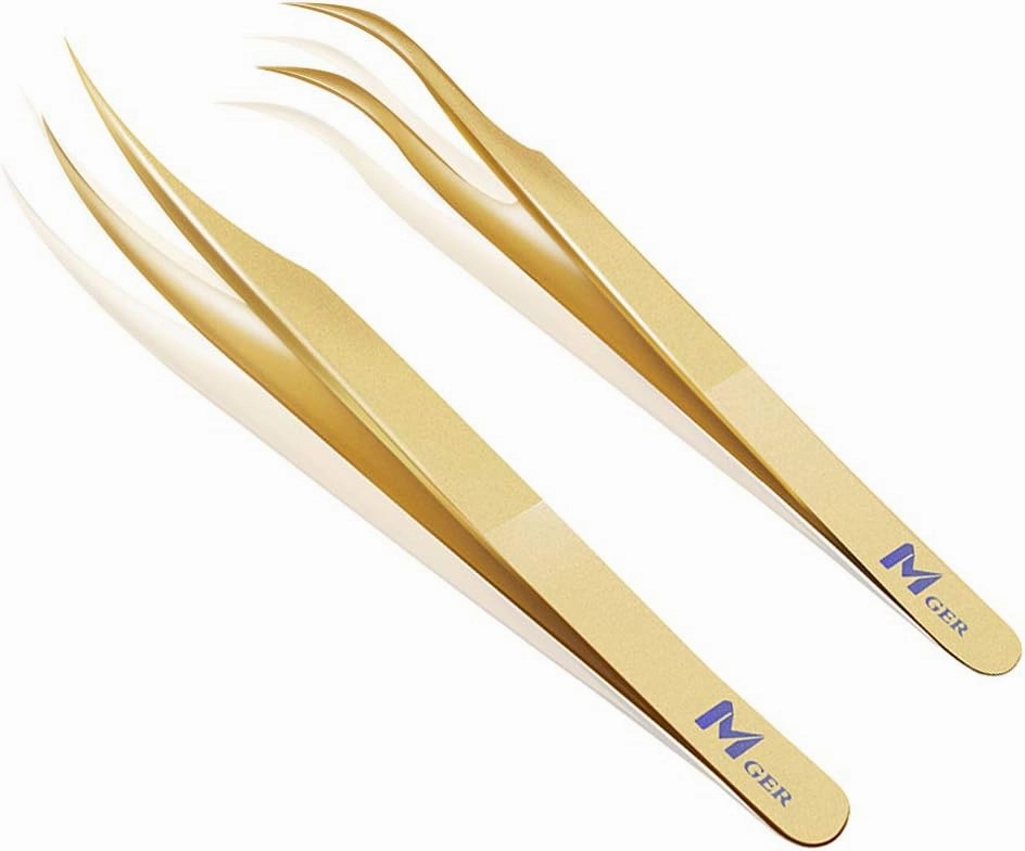 Lash Tweezers for Eyelash Extension, Hand Calibrated Dolphin-shaped and Curved Tip Eyelash Tweezers eyelash tweezers, False Lash Application Tools, Lash extension tweezers gold (Pack of 2, Gold)
