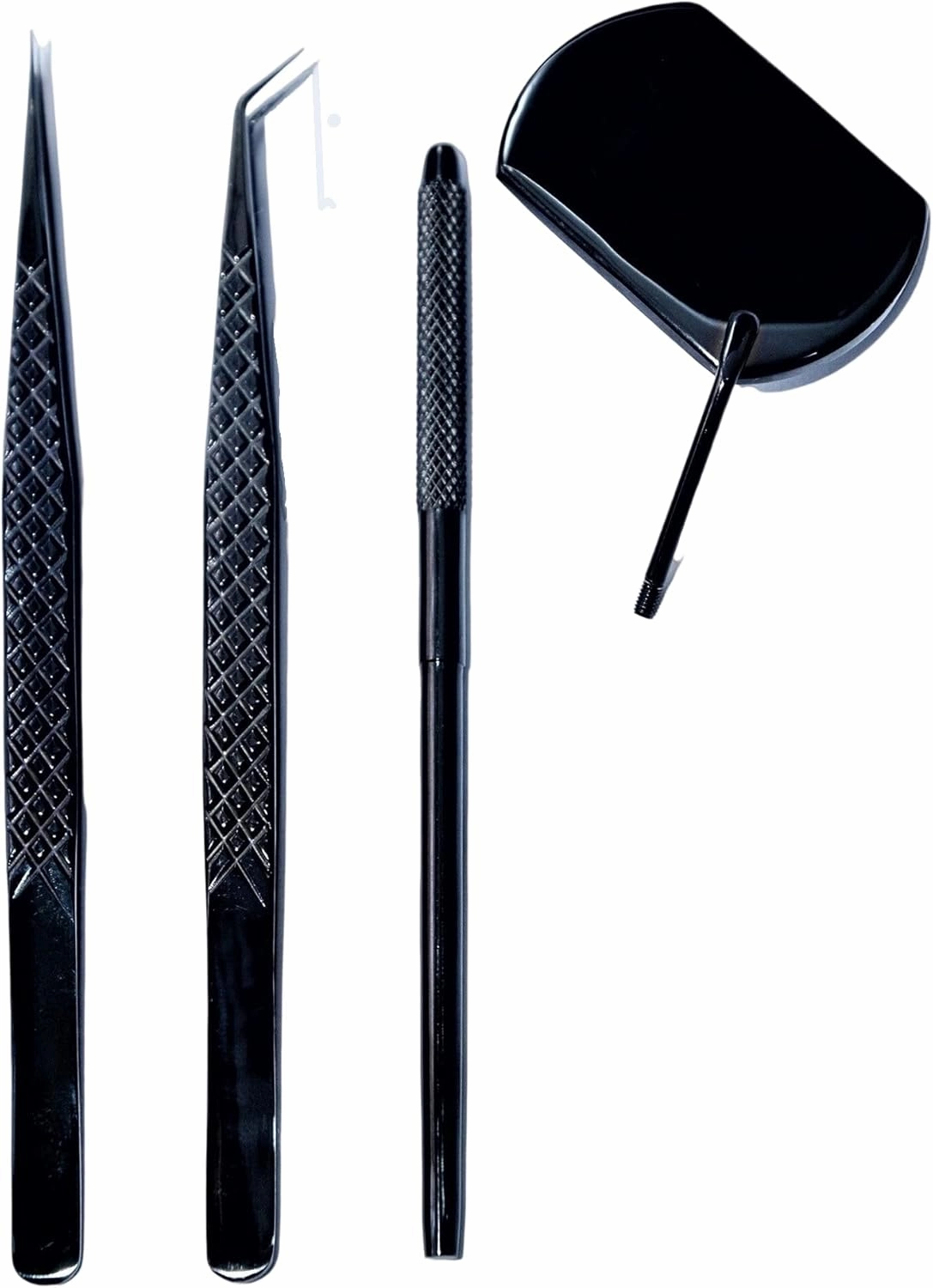 Lash Tweezers for Eyelash Extensions | Stainless Steel - Diamond Grip Straight & 45 Degree Volume | Tip with Free Mirror for Women, Makeup, Lashing, Fans Professional Tool Kit 14 cm Black