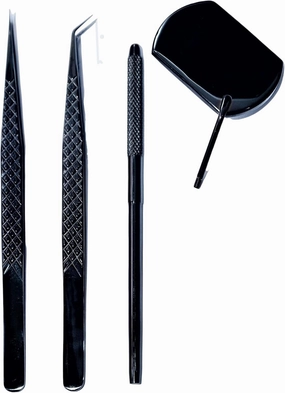Lash Tweezers for Eyelash Extensions | Stainless Steel - Diamond Grip Straight & 45 Degree Volume | Tip with Free Mirror for Women, Makeup, Lashing, Fans Professional Tool Kit 14 cm Black