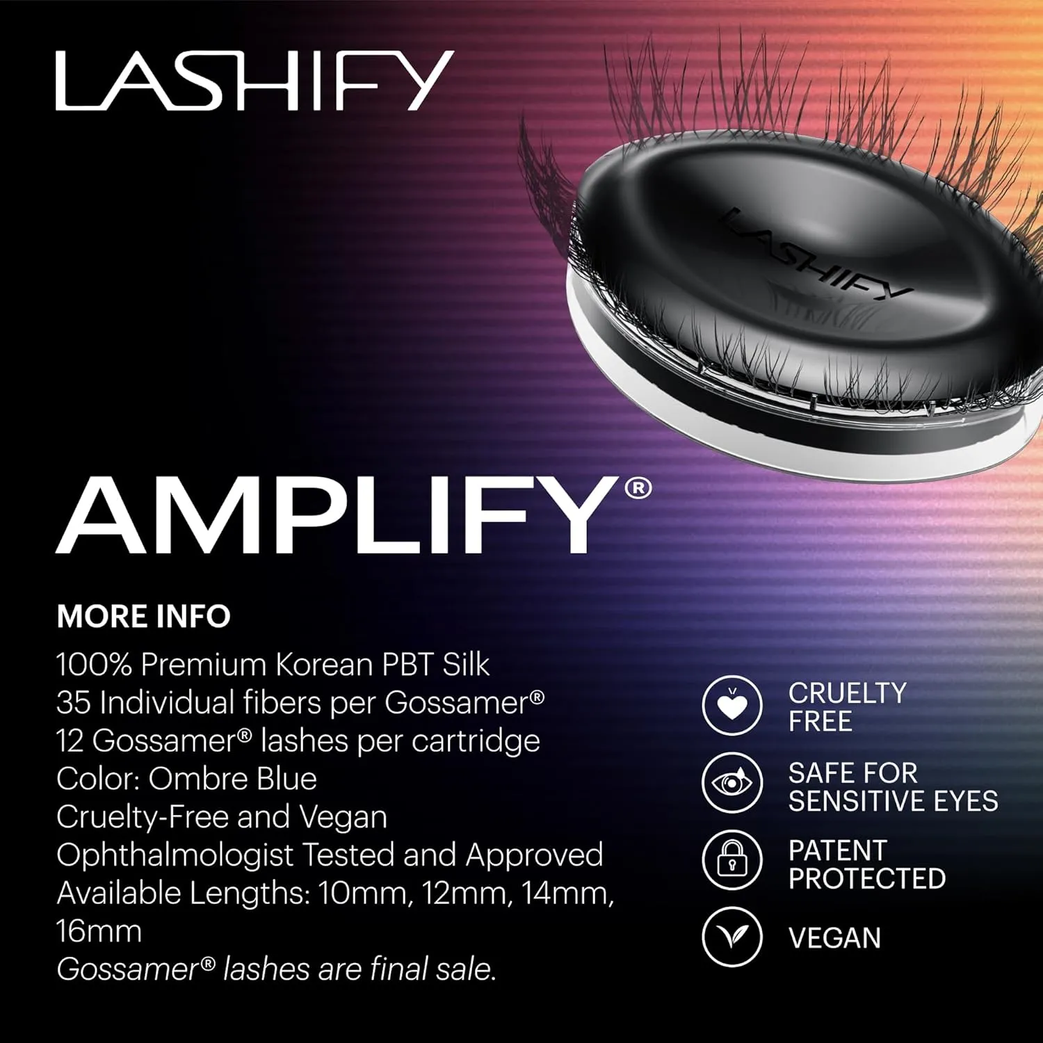 Lashify Amplify 16mm Gossamer Eyelash Extensions Refill in Ombre Blue, Easy DIY False Lashes for a Natural Look