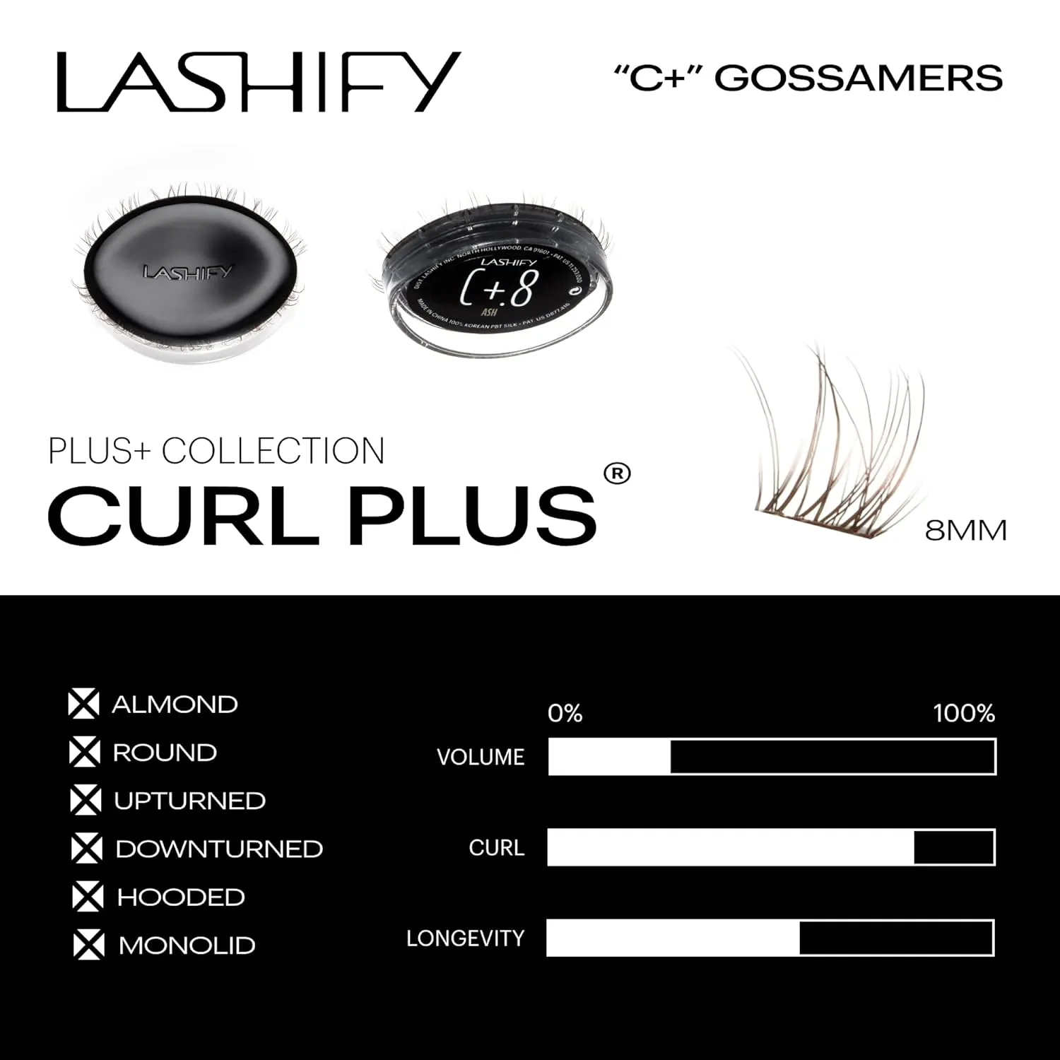 Lashify Curl Plus  8mm Gossamer Eyelash Extensions Refill in Ash, Easy DIY False Lashes for the Most Delicate, Natural and Long Lasting Look