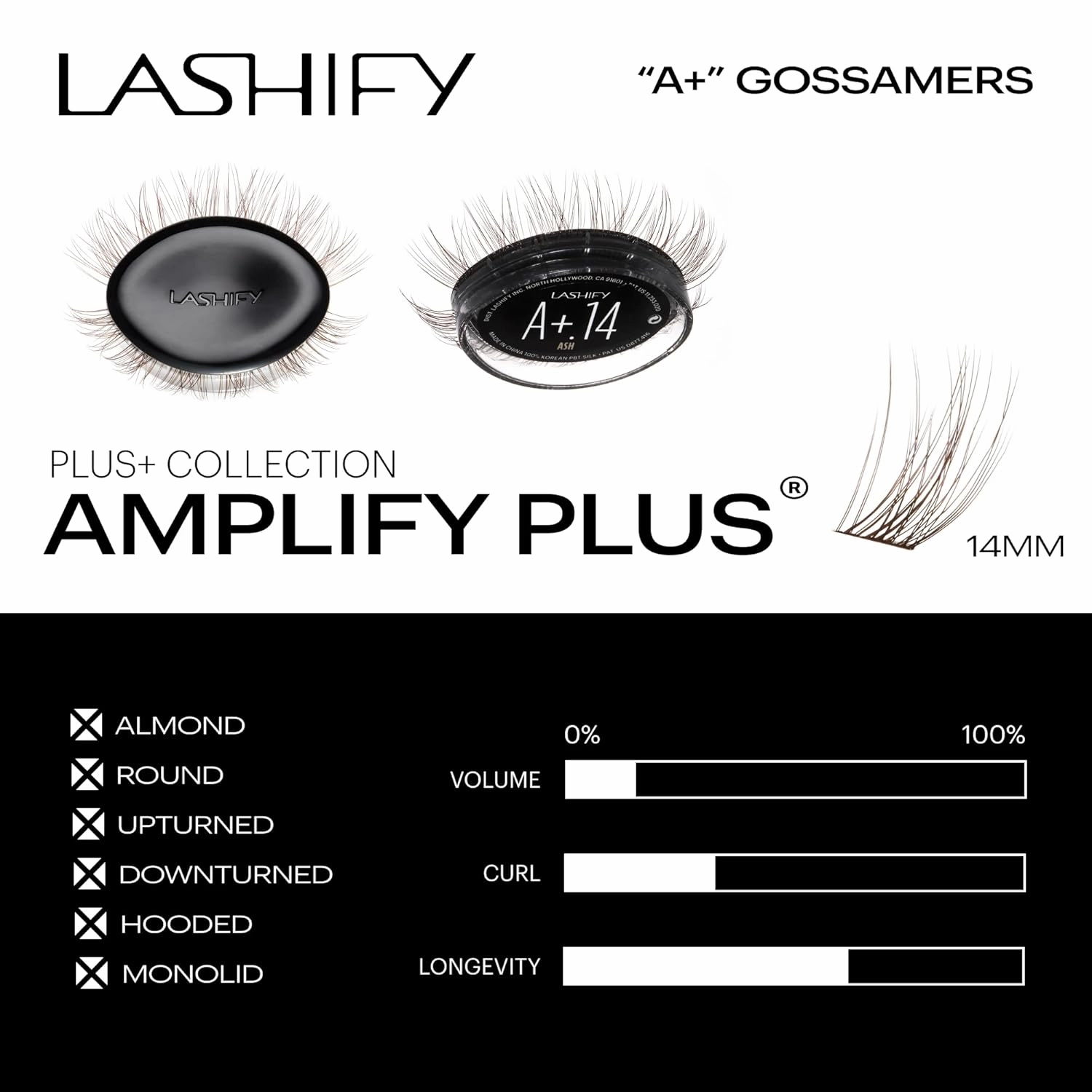 Lashify Amplify Plus  14mm Eyelash Extensions Refill in Ash Color, Easy DIY False Lashes for the Most Delicate, Natural and Long Lasting Look