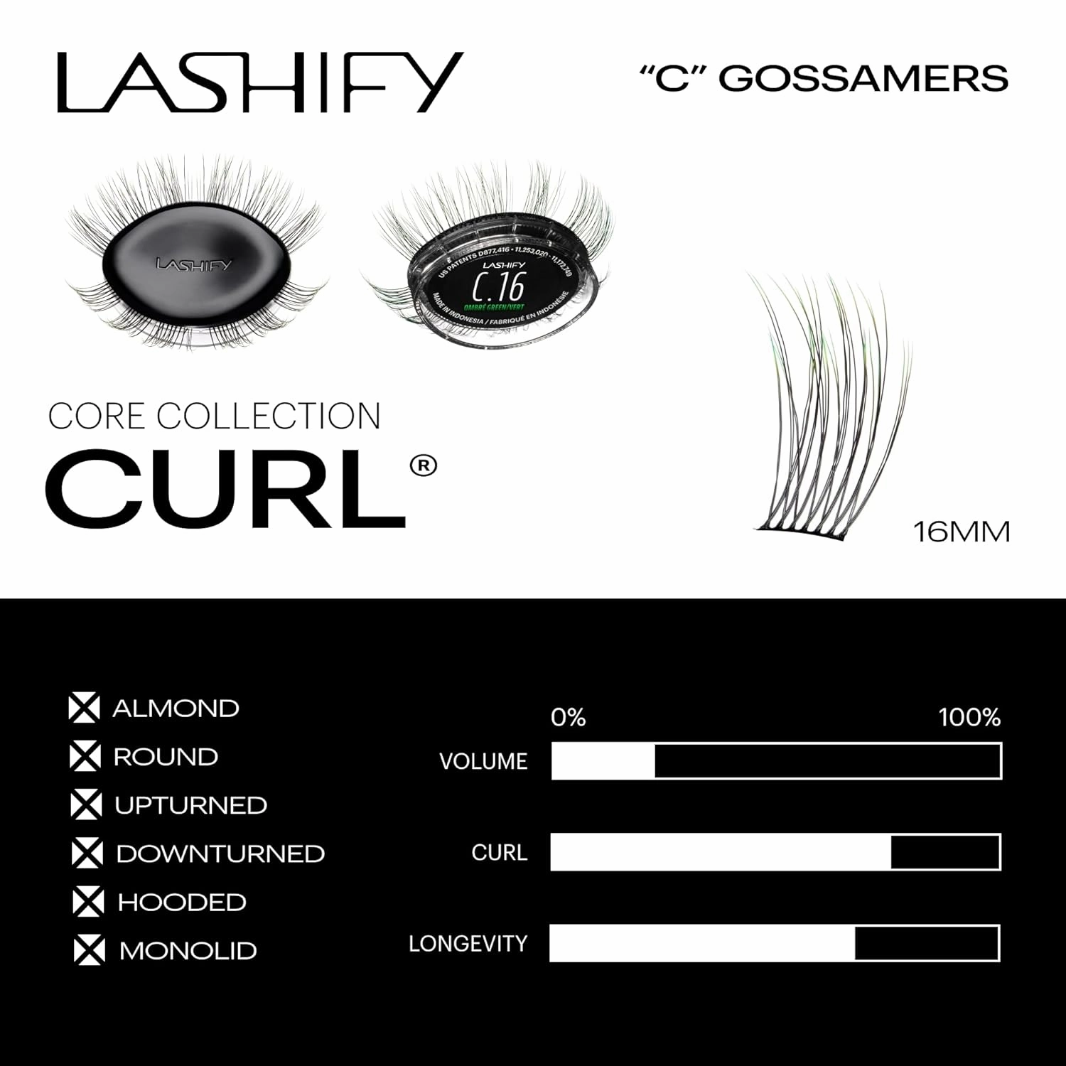 Lashify Curl 16mm Gossamer Eyelash Extensions Refill in Ombre Green, Easy DIY False Lashes for a Natural Look