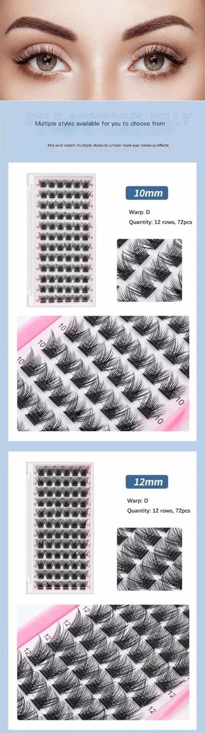 laubess cluster lashes 72PCS 10-16mm D Curl Reusable Super Soft Single Cluster Eyelash, DIY Eyelash Extension Supplies, Natural Thickness (Color : Black, Size : 10mm)