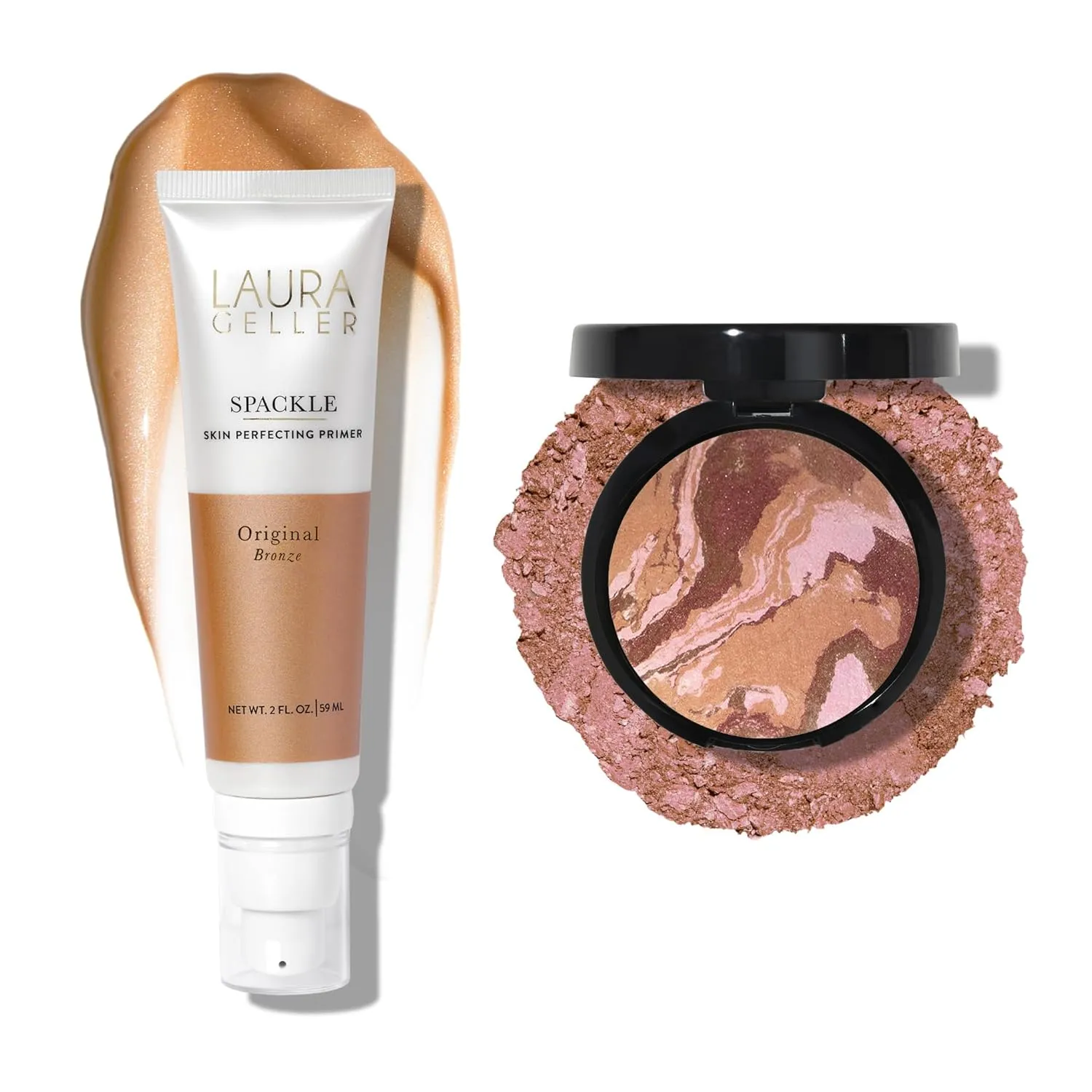 LAURA GELLER NEW YORK Baked Blush-n-Bronze 2-in-1 Bronzer Blush, Earthy Bronze   Spackle Skin Perfecting Makeup Primer, Bronze