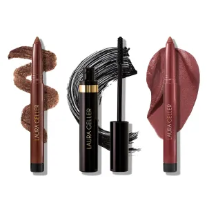 LAURA GELLER NEW YORK Kajal Collection Trio - Includes Multi-Use Eyeshadow   Liner Stick, Dark Brown   Volumizing Tubing Mascara   Longwearing Lip Color Pencil, Mulberry