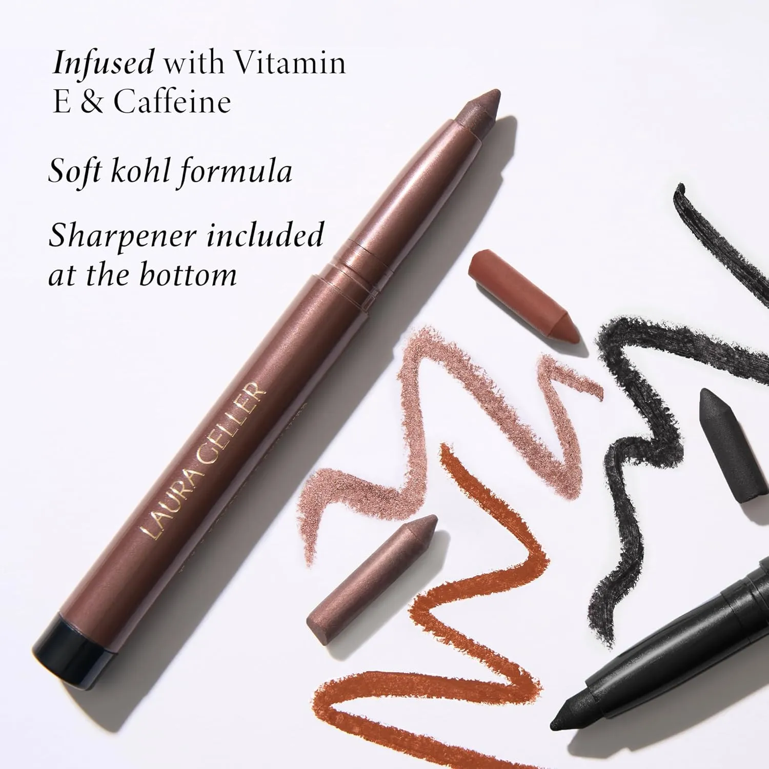 LAURA GELLER NEW YORK Kajal Longwear Kohl Eyeliner Pencil - Soft Black Kohl - Caffeine and Vitamin E - Smooth & Blendable Liner - Built-In Sharpener