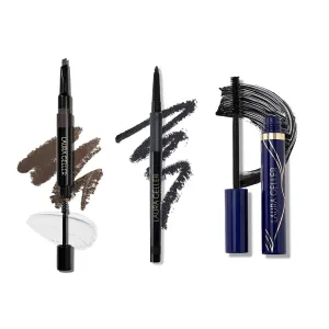 LAURA GELLER Waterproof Eye Trio: INKcredible Eyeliner, Blackbird   Always There Mascara   Sculpt-n-Stay Brow Pencil, Dark Brown