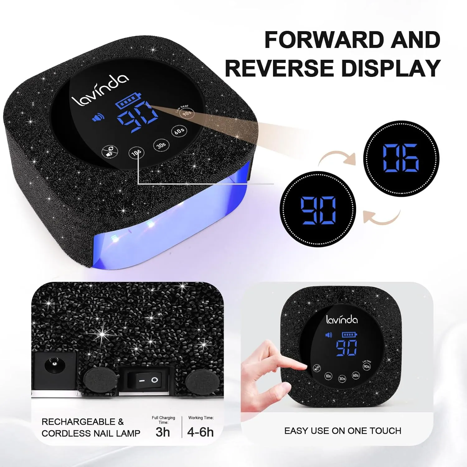 Lavinda 54W UV Nail Lamp, UV Light for Gel Nails, Cordless Rechargeable UV LED Nail Lamp Nail Light with 4 Timer and LCD Display, Professional Fast Curing Lamp Nail Dryer with Black Rhinestone