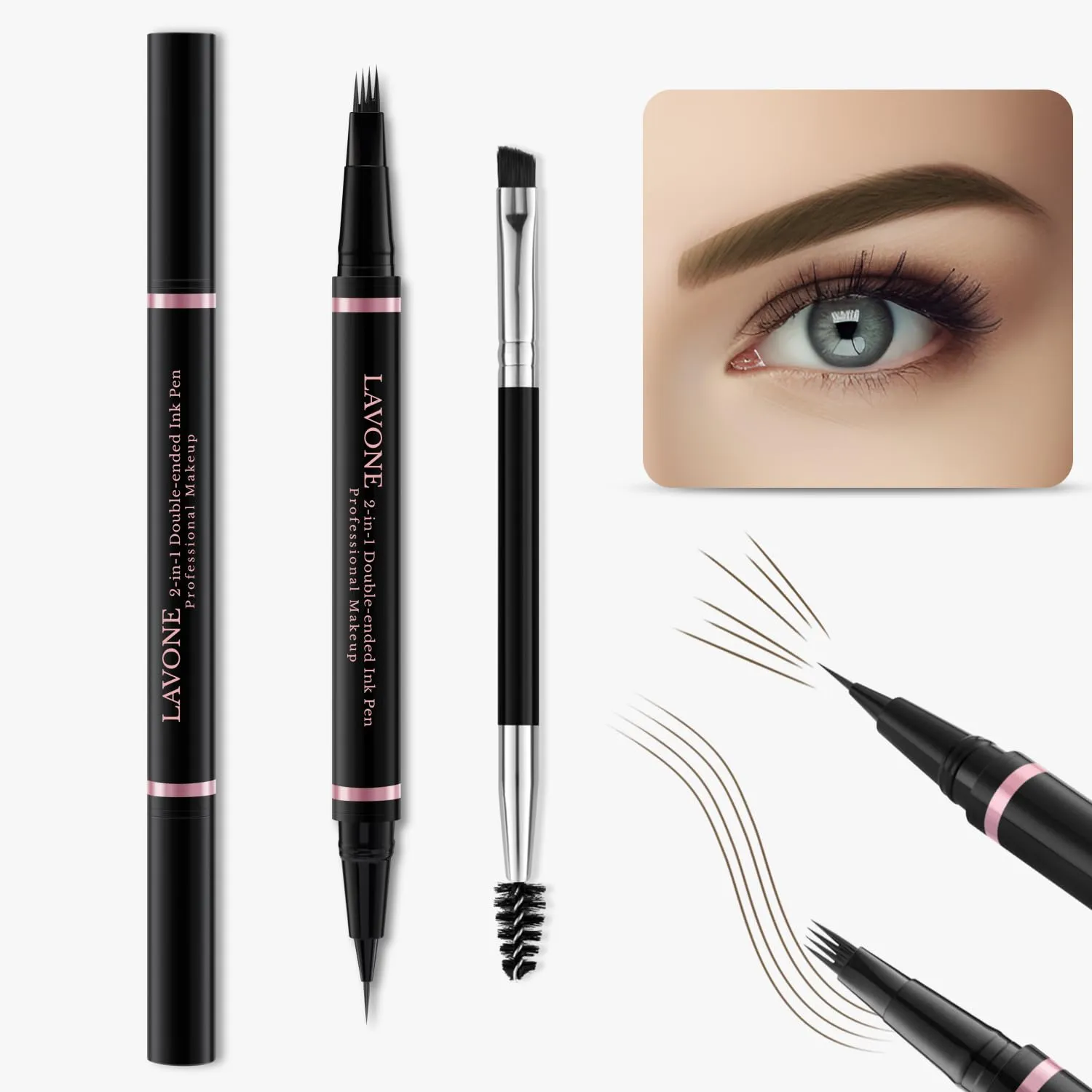 LAVONE Eyebrow Pencil Makeup Kit, with Waterproof 2-IN-1 Microblading Eyebrow Pen, Eyebrow Pomade, Eyeliner and Dual-ended Eyebrow Brush, Brow Pencil Kit for Natural Eyebrows - Ash Brown