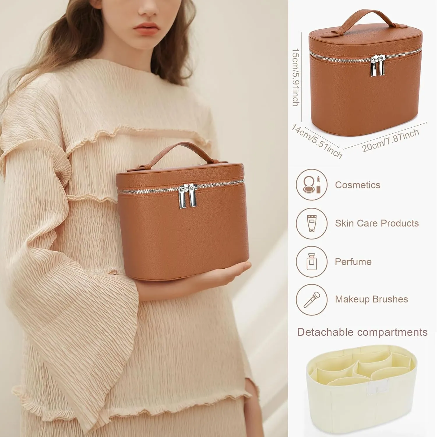 Leather Make Up Bags With Compartments, Brown travel Cosmetic Bags for Women, Parallel Makeup Travel Bags Organizer Equipped With a Detachable Divider