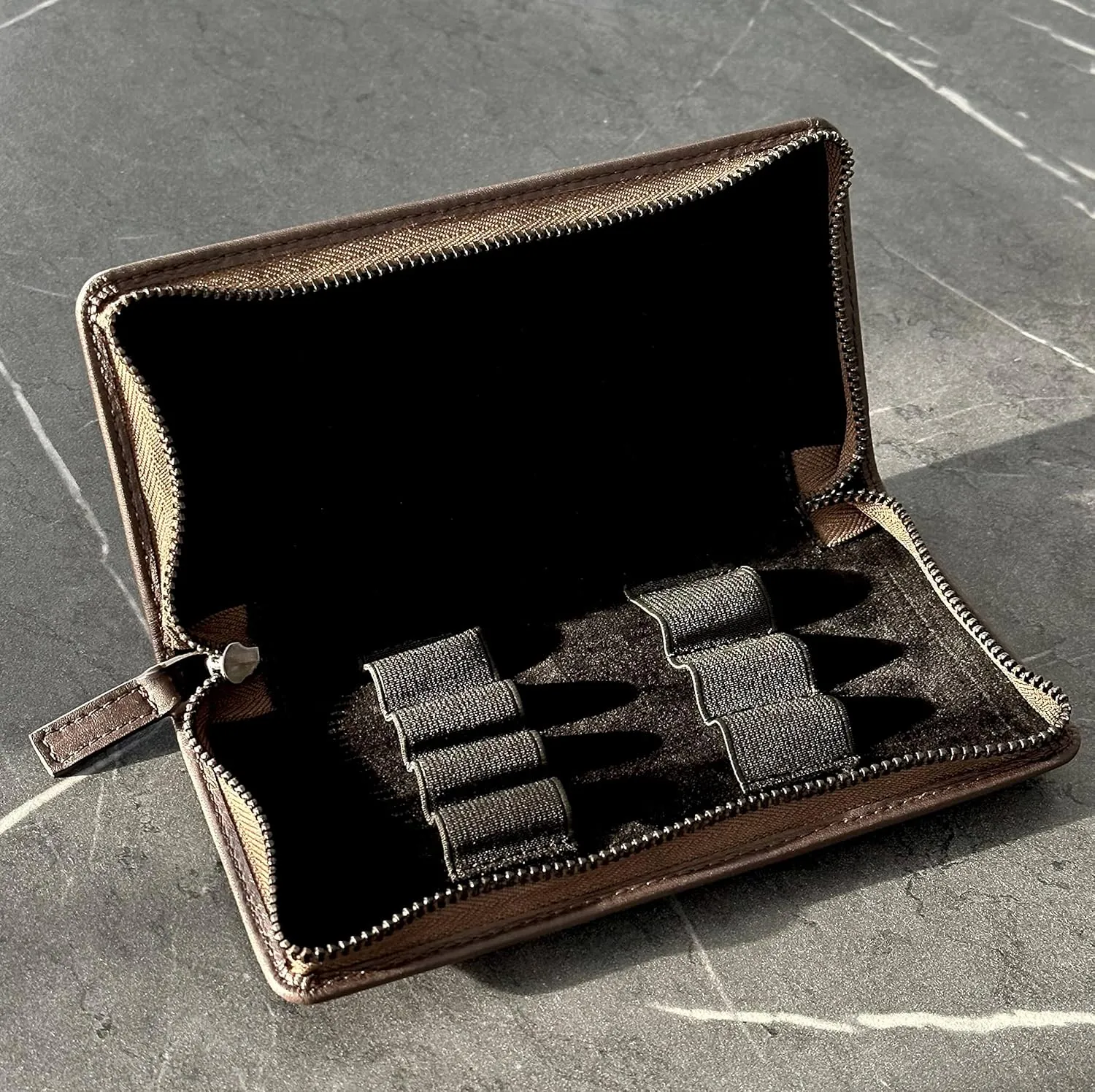Leather Zippered Triple or Quad Pen Case Pencil Pouch Holder for Three or Four Fountain Ballpoint Rollerball Pens or Glasses (Nappa Brown)