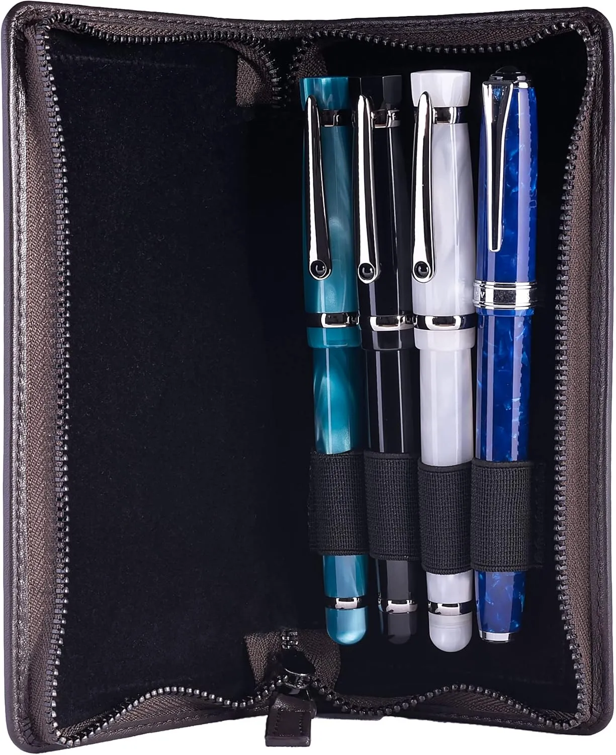 Leather Zippered Triple or Quad Pen Case Pencil Pouch Holder for Three or Four Fountain Ballpoint Rollerball Pens or Glasses (Nappa Brown)