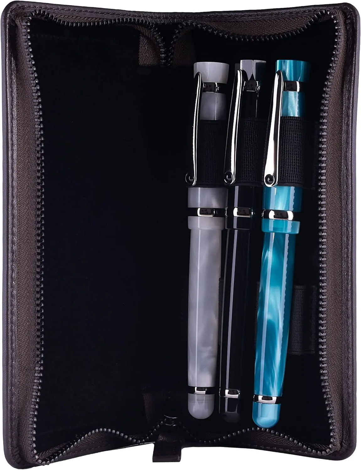 Leather Zippered Triple or Quad Pen Case Pencil Pouch Holder for Three or Four Fountain Ballpoint Rollerball Pens or Glasses (Nappa Brown)