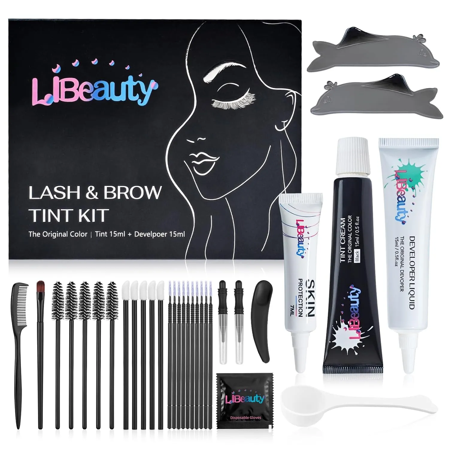 Libeauty Lash Tint Kit with Reusable Dolphin Eye Mask, Eyebrow Tint Kit Black, Large Capacity Eyelash Tint for Salon and Home,15ML