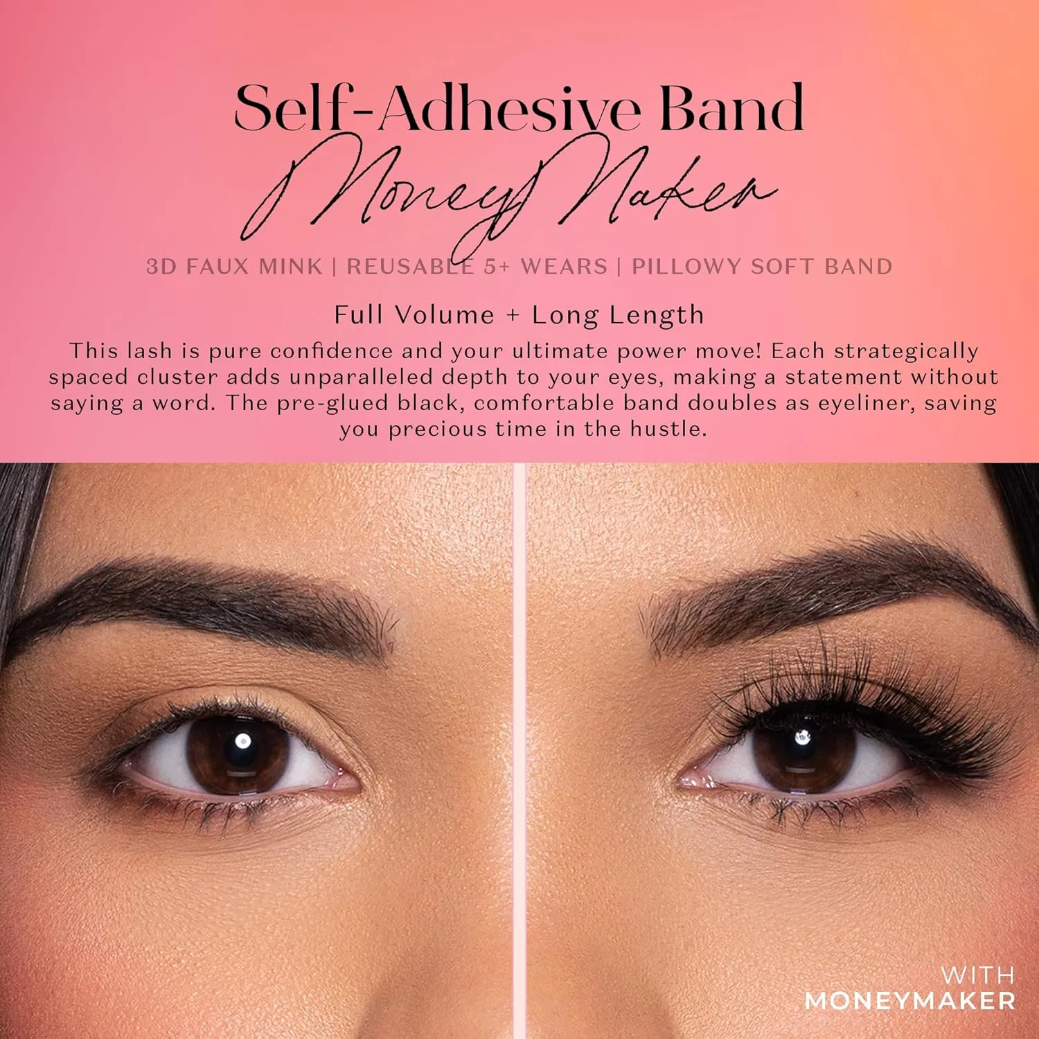 Lilly Lashes 3D Self Adhesive Eyelashes, No Lash Glue Needed, Body Heat Activated Press on Lashes, Reusable Self Adhesive Eyelashes Up to 5x, Easy to Apply & Remove (MoneyMaker)